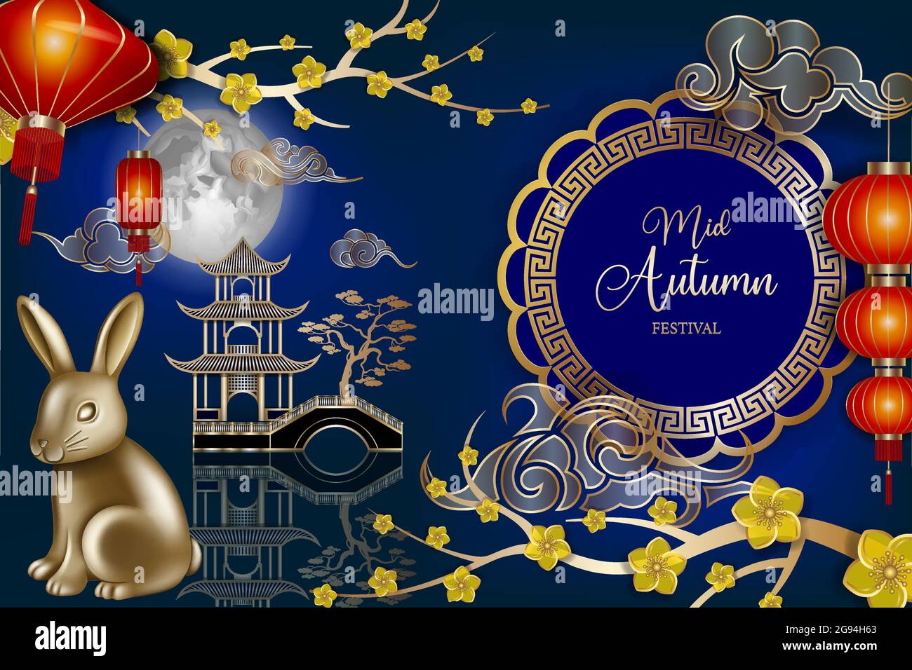 Cinese metà autunno festival sfondo con lanterne rosse, coniglio d'oro, fiori e decorazioni Illustrazione Vettoriale