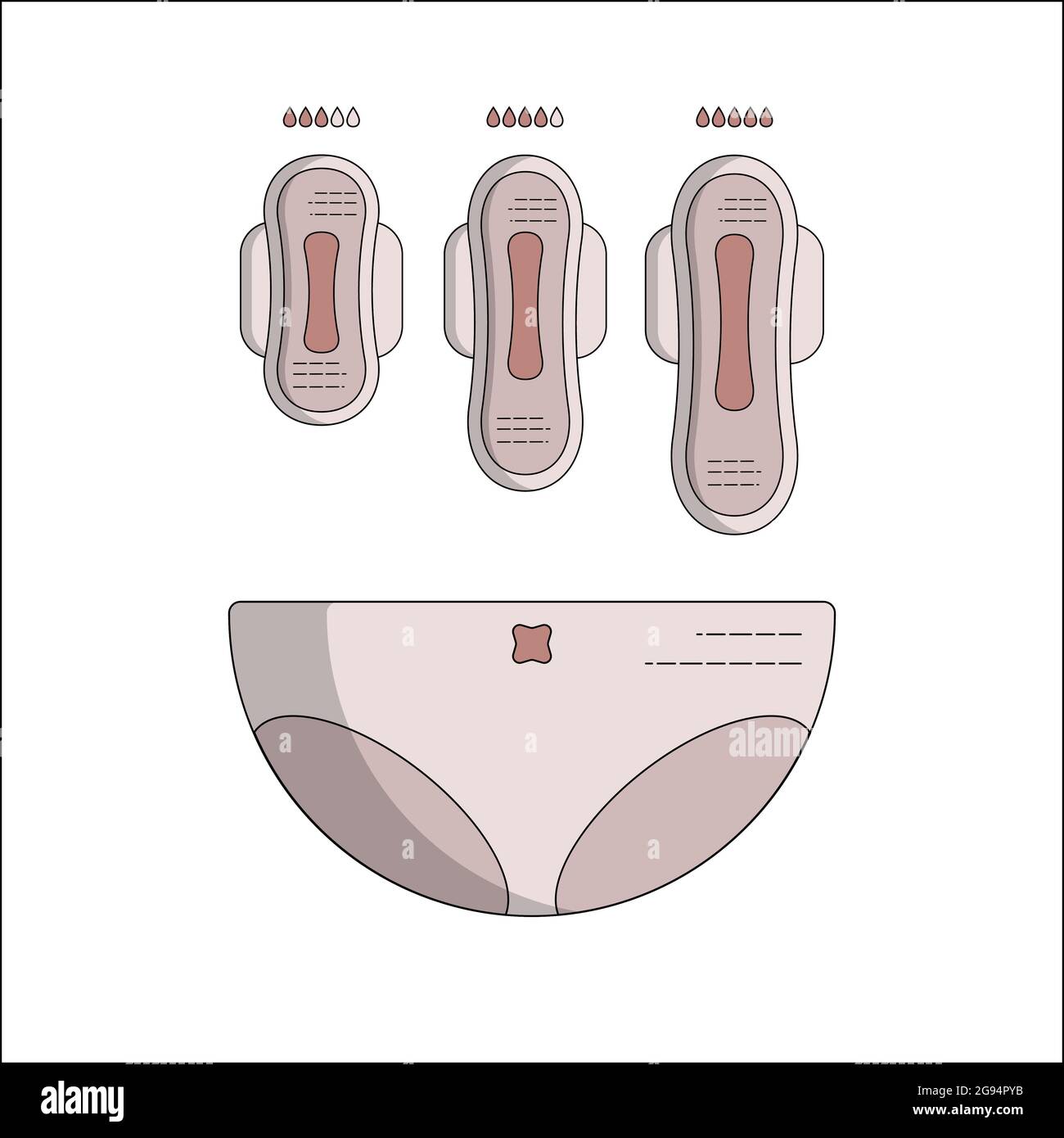 Prodotti per l'igiene femminile. Icone piatte e oggetti isolati. Illustrazione Vettoriale