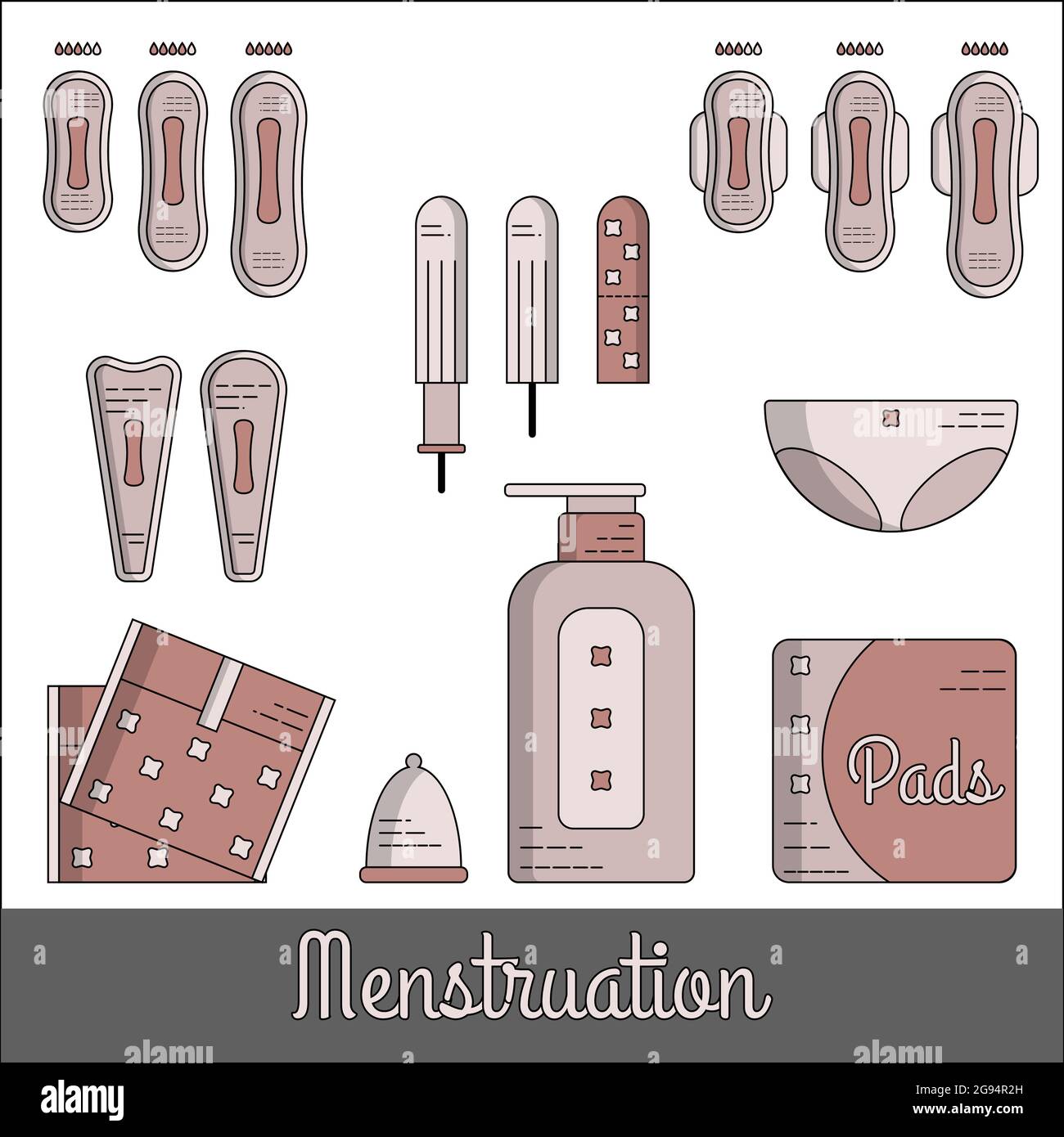 Prodotti per l'igiene femminile. Guarnizioni, tamponi, recipiente mestruale e briefing. Icone piatte e oggetti isolati. Illustrazione Vettoriale