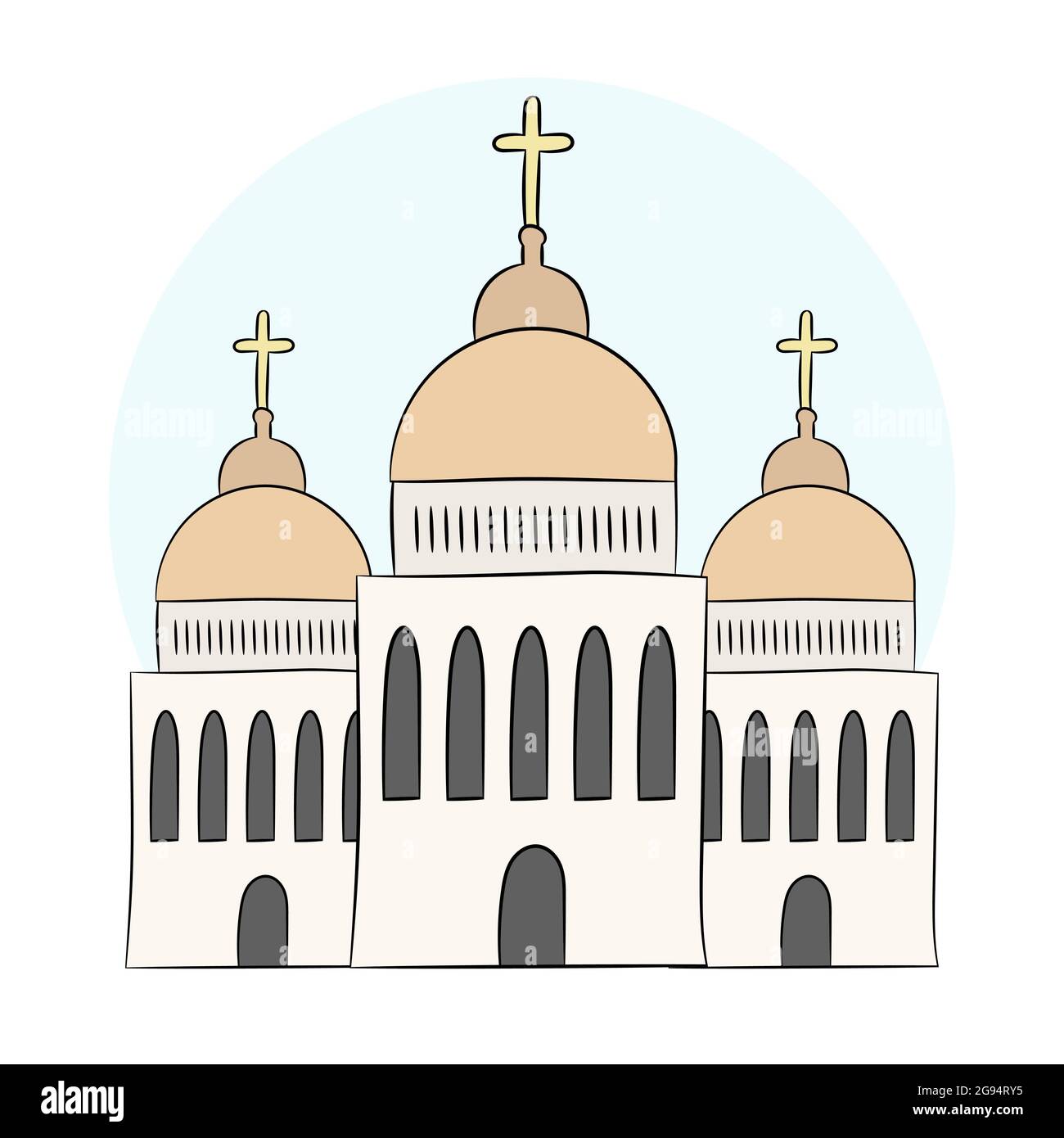 Chiesa vettoriale, tempio, cappella con cupole e croci. La religione è il cristianesimo, il Battesimo. Oggetto isolato su sfondo bianco. Un'illustrazione dipinta Illustrazione Vettoriale