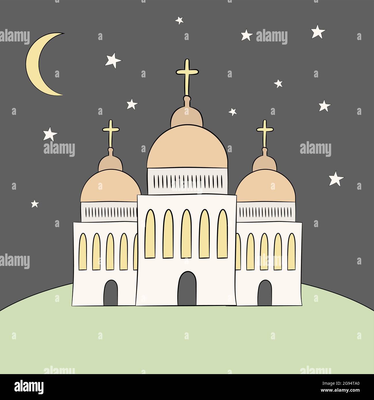 Chiesa vettoriale, tempio, cappella con cupole e croci. La religione è il cristianesimo, il Battesimo. . Splendido paesaggio e edificio di notte. Luna e stella. Malato Illustrazione Vettoriale