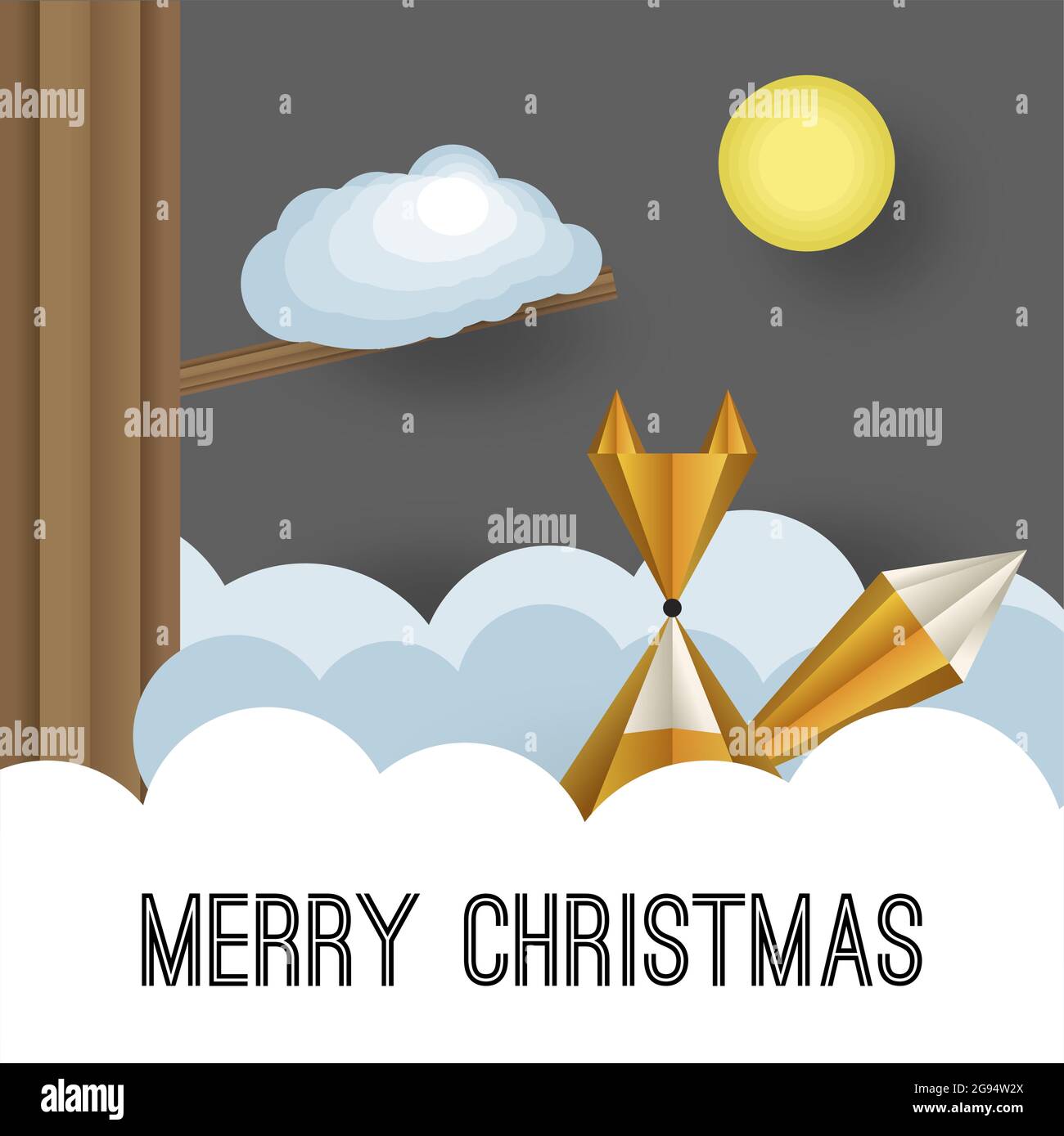 Illustrazione volumetrica vettoriale di un paesaggio invernale. Una volpe nella neve e nelle nevi. Illustrazione Vettoriale