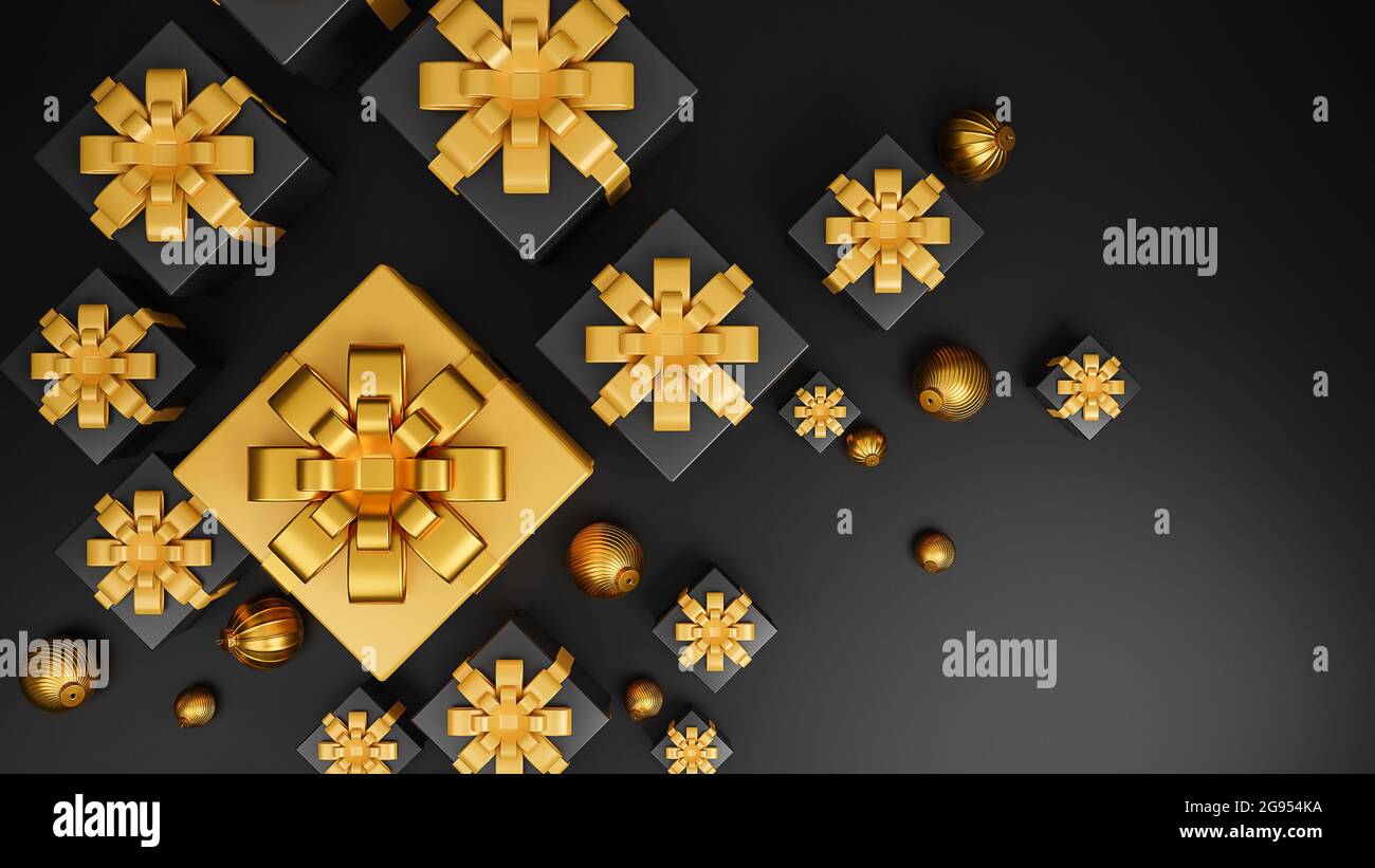 Allegro Natale e felice anno nuovo banner stile di lusso., Top View realistico oro e scatola regalo nero con palle dorate di Natale., modello 3d e illustratore Foto Stock