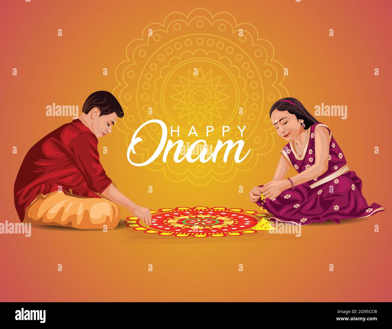 Happy onam saluti vettore illustrazione. Illustrazione di bambini che fanno pookalam. Illustrazione Vettoriale