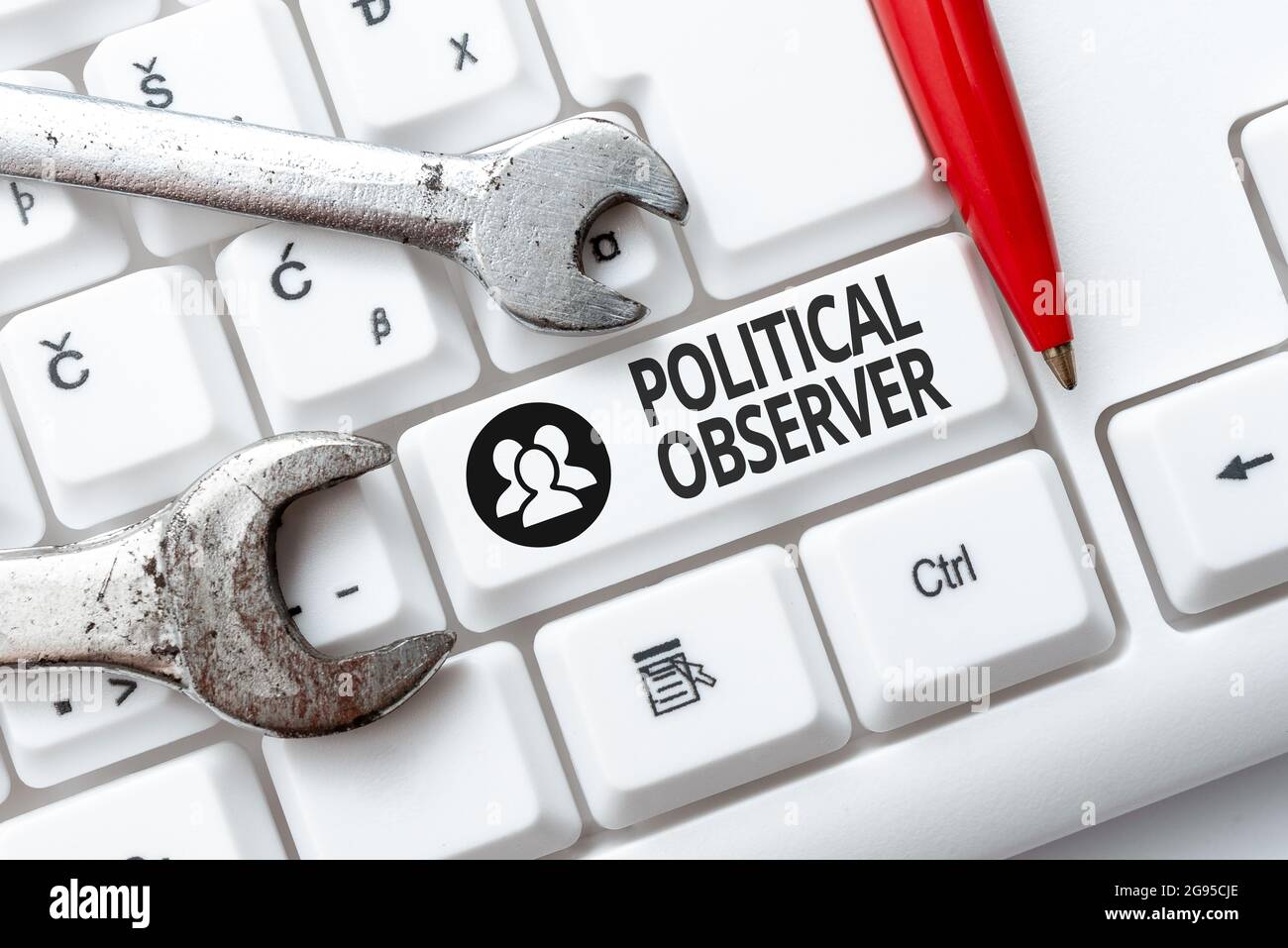 Visualizzazione concettuale osservatore politico. Parola per la persona di comunicazione che indaga l'arena politica navigazione del Internet e studio di ricerca in linea Foto Stock