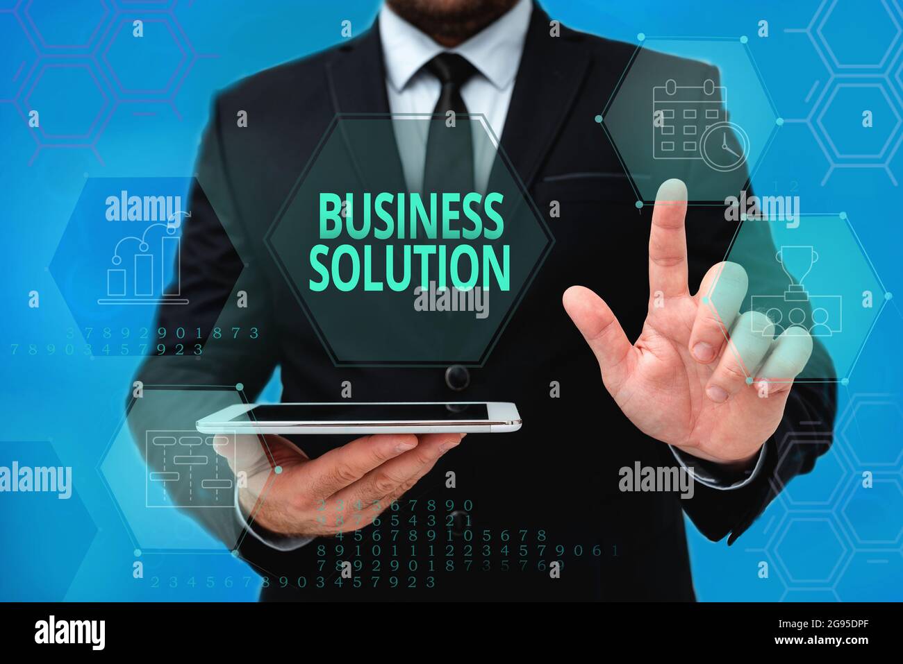 Cartello con scritta a mano Business Solution. Word for Ideas utilizzato per aiutare un'azienda a raggiungere i suoi obiettivi Man in Office Uniform Standing pressing Virtual Foto Stock