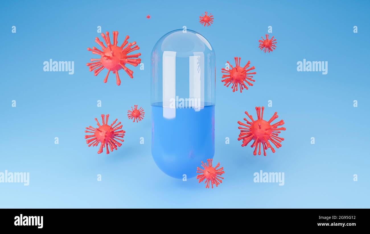 Red Coronavirus o covid-19 circonda la capsula della pillola su sfondo blu., inibizione di focolai di malattia e tecnologia medica., modello 3d e l'illusione Foto Stock