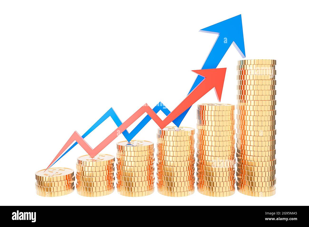 Stack di monete d'oro e grafico finanziario su sfondo bianco., concetto di risparmio e investimento e idee di risparmio e crescita finanziaria.modello 3d e. Foto Stock