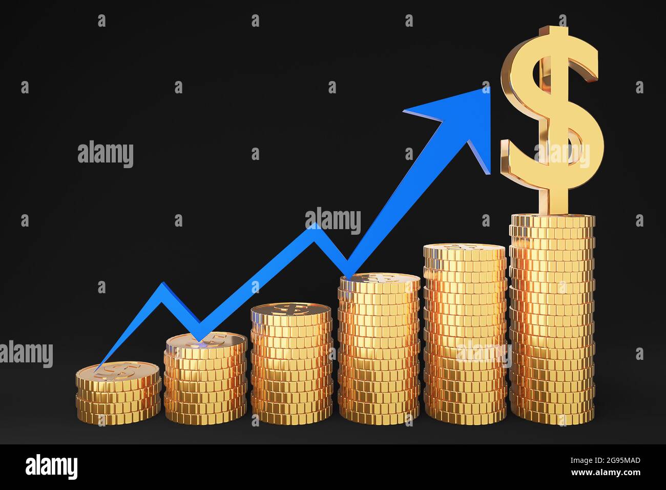 Stack di monete d'oro e grafico finanziario su sfondo nero., concetto di risparmio e investimento e idee di risparmio e crescita finanziaria.modello 3d e. Foto Stock