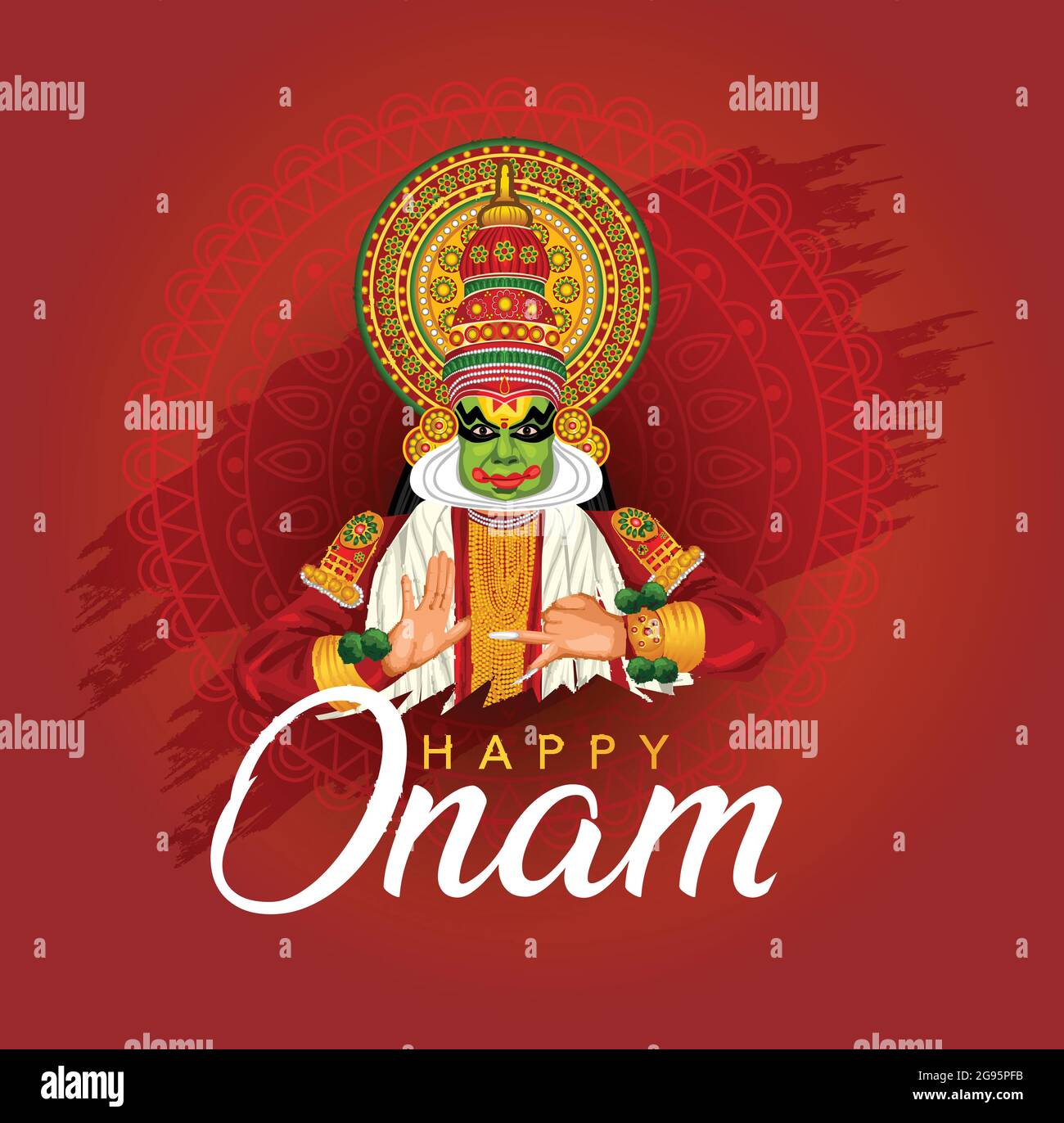 Kerala festival Happy onam con la faccia di kathakali, utilizzare per poster, opuscolo, banner Illustrazione Vettoriale