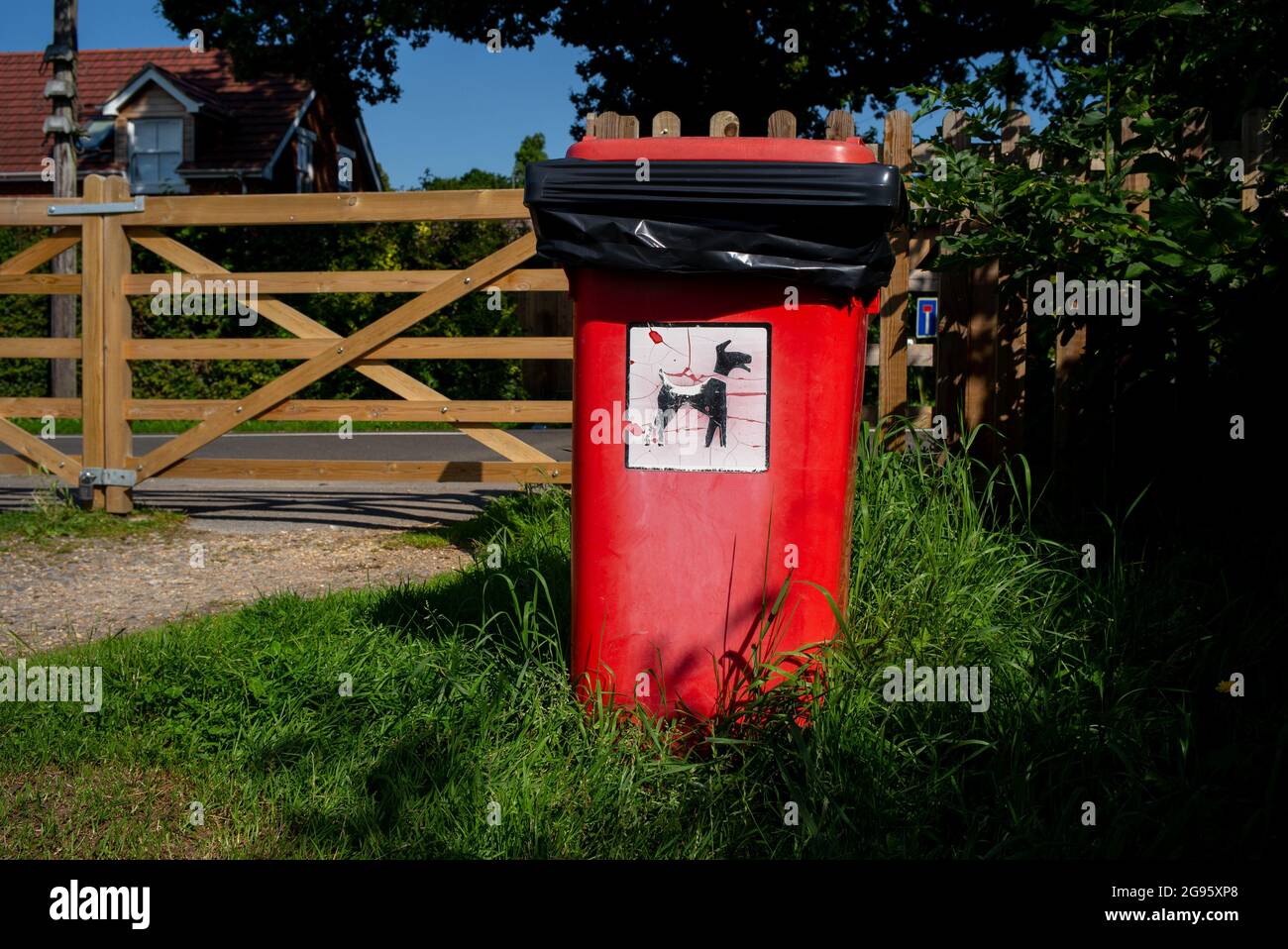 Grande contenitore rosso per rifiuti di cani sul bordo di un terreno di ricreazione per gli sport. Foto Stock