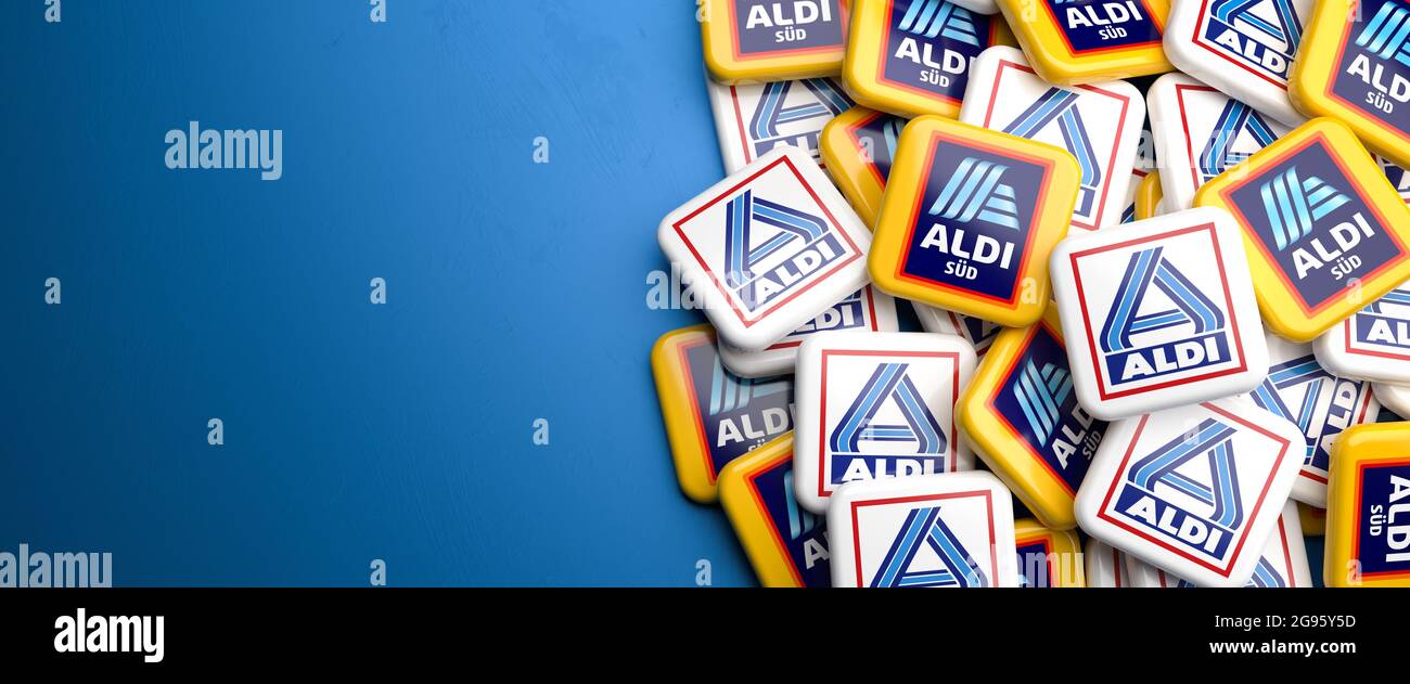 Loghi delle catene di supermercati tedesco Aldi Nord (logo nord -  brillante) e Aldi Süd (logo sud - blu e giallo). Entrambe le catene sono  state avviate Foto stock - Alamy