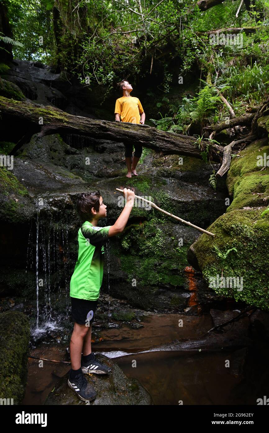 Ragazzi che esplorano la campagna britannica alla cascata Loamhole nello Shropshire Inghilterra Regno Unito. Bambini che esplorano la natura Gran Bretagna avventura britannica Foto Stock