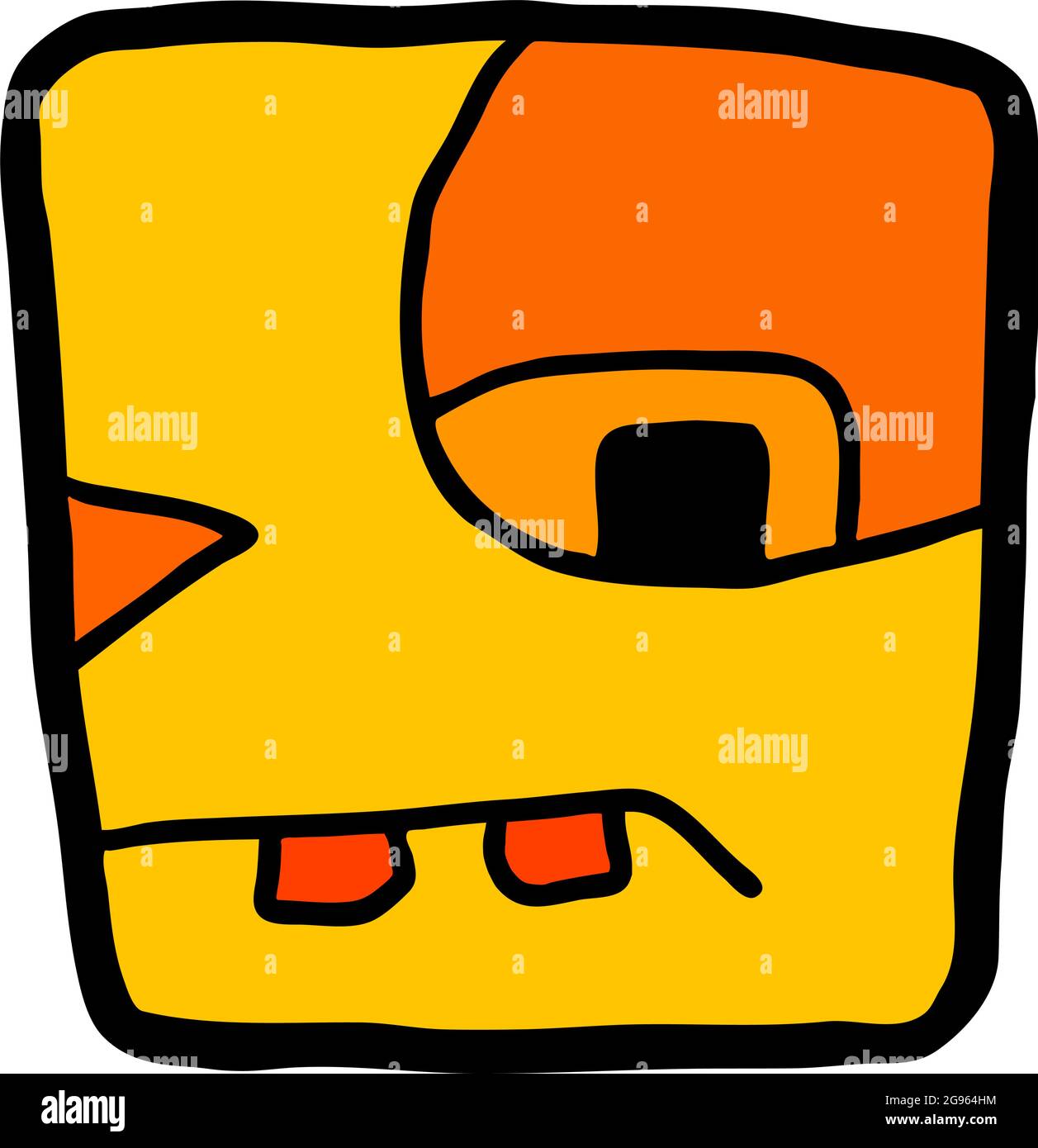 Icona del personaggio, ispirata da un glifo maya. Testa quadrata gialla con espressione triste Illustrazione Vettoriale