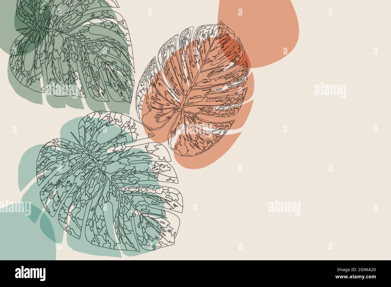 Linea astratta ART Leaf. Disegno del contorno Monstera. Foglie d'arte minime su forme geometriche backgroud. Moderno vettore botanico minimalista bianco e nero Illustrazione Vettoriale
