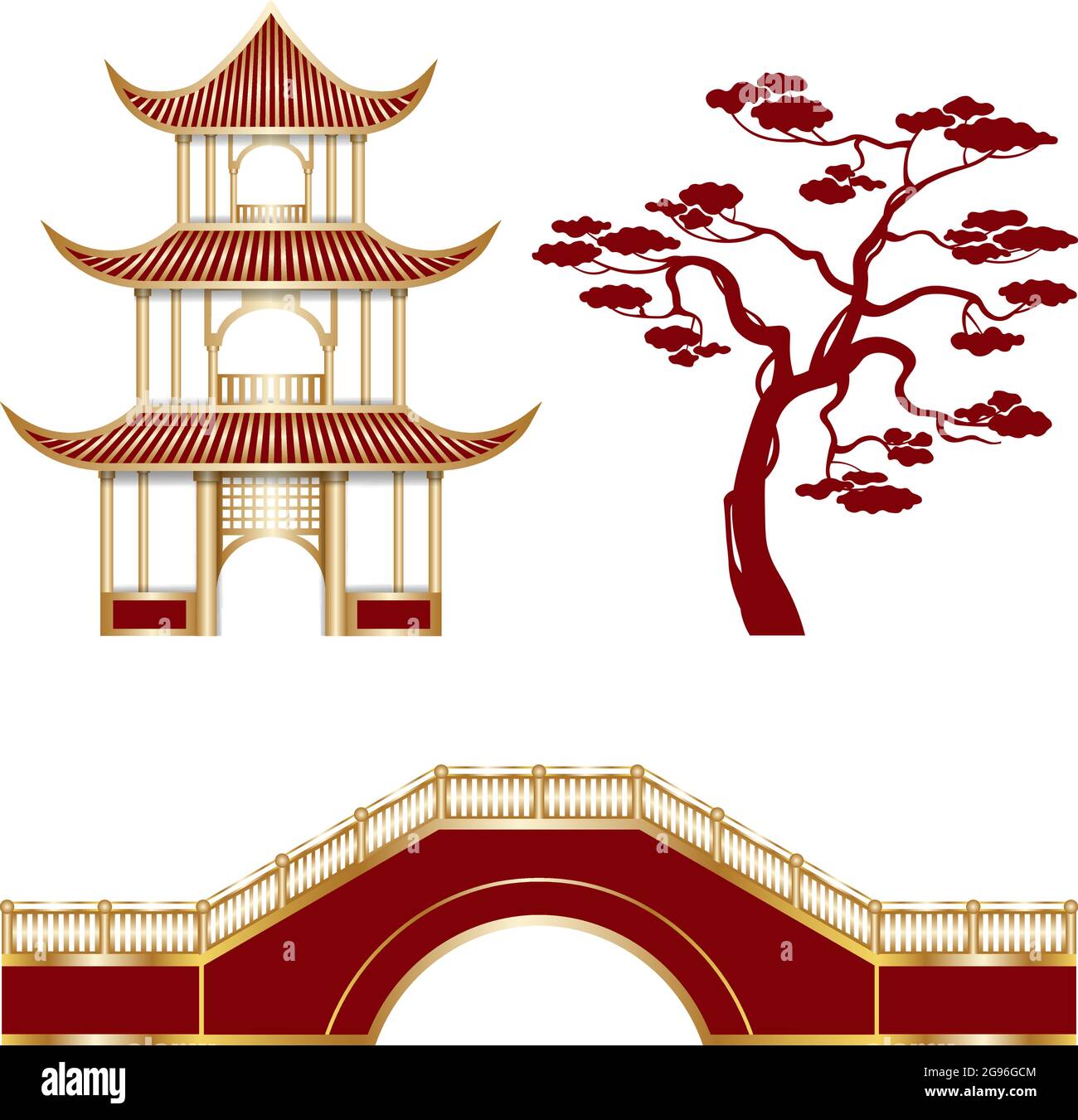 Elementi del paesaggio orientale isolati tempio, albero e ponte. Elementi decorativi per il nuovo anno cinese o la metà autunno sfondo festival Illustrazione Vettoriale