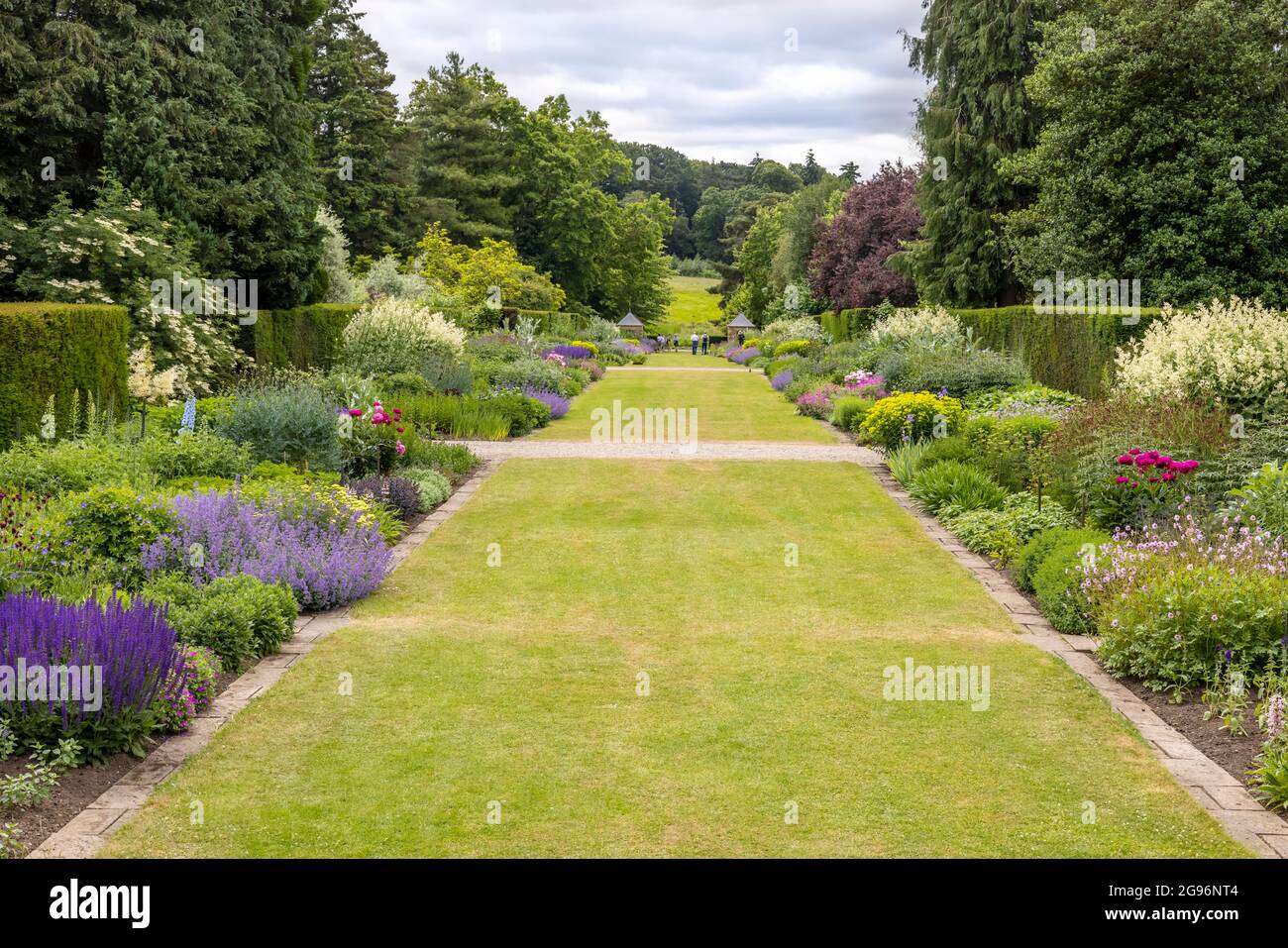 Lungo e dritto confini erbacei a Newby Hall vicino Ripon, Regno Unito. Foto Stock