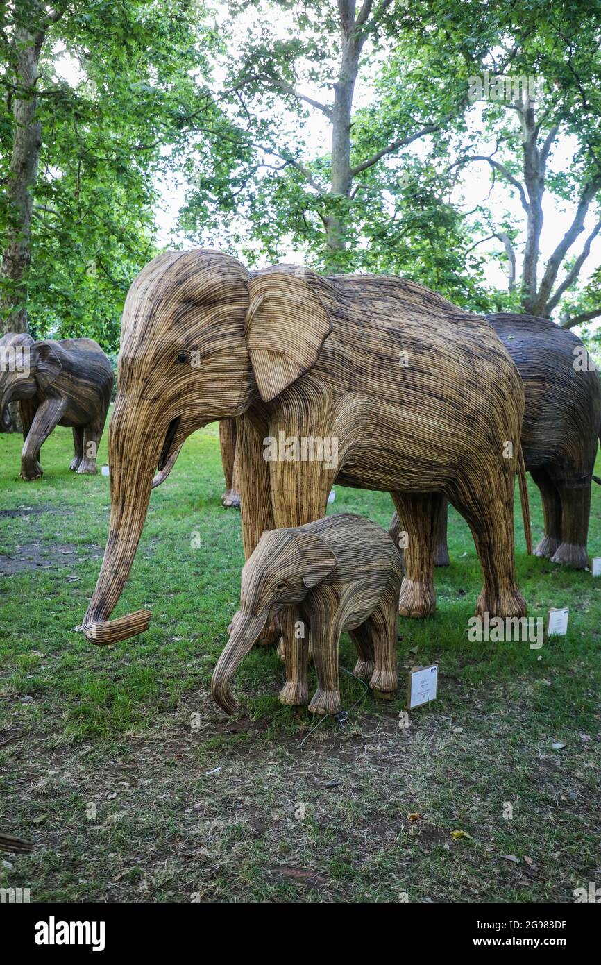 Le sculture a grandezza naturale degli elefanti trascorrono l'ultimo giorno esposto nel Green Park di Londra come parte della coesistenza, una campagna di arte ambientale prodotta dalla Elephant Family, un'associazione benefica che lavora per salvare la fauna selvatica asiatica in via di estinzione. La carità è stata fondata dalla Duchessa di Cornovaglia, fratello ritardato, Mark Shand. Foto Stock