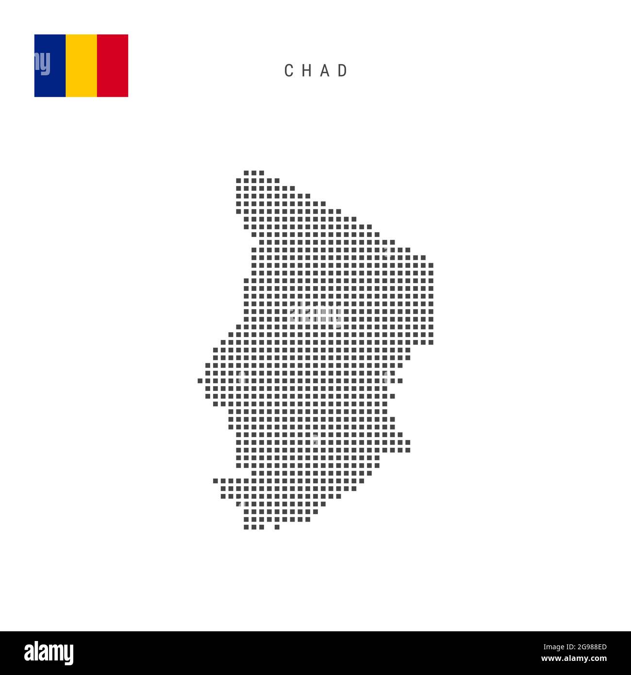 Mappa dei motivi a punti quadrati del Ciad. Mappa dei pixel punteggiati Chadian con bandiera nazionale isolata su sfondo bianco. Illustrazione vettoriale. Illustrazione Vettoriale