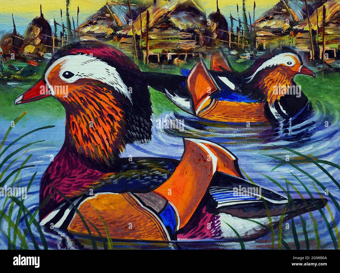Olio pittura anatre mandarino nuotare nella palude in campagna Foto Stock