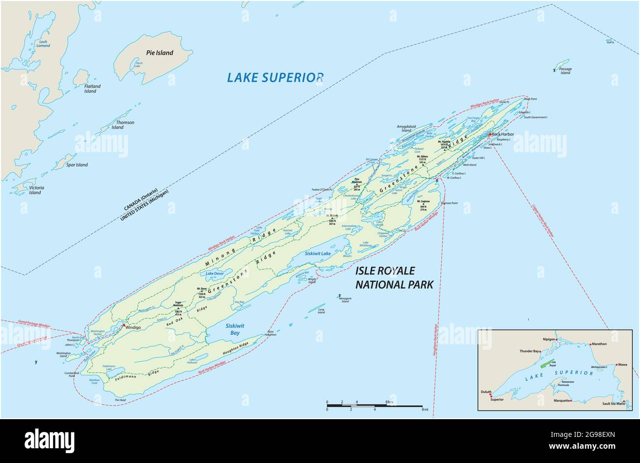 Mappa vettoriale dell'Isle Royale National Park nel lago Superior, Michigan, USA Illustrazione Vettoriale