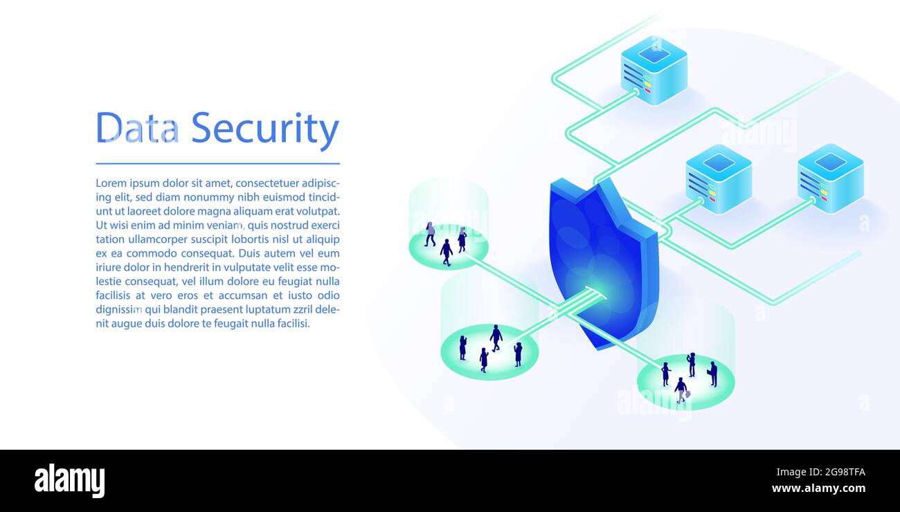 Concetto di sicurezza per il cloud computing dei dati. Illustrazione vettoriale isometrica 3D di un data center cloud protetto da uno scudo di sicurezza IT. Illustrazione Vettoriale