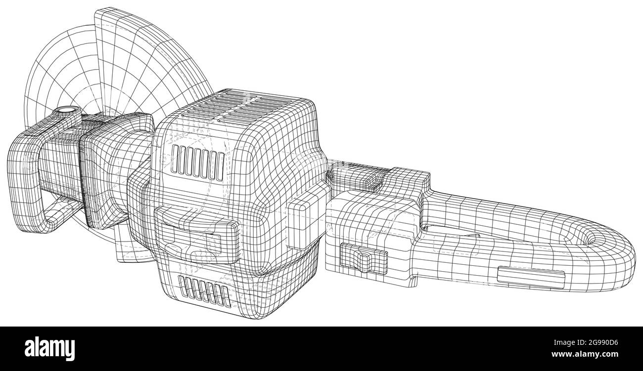 Smerigliatrice angolare con tecnologia di macchine per taglio a benzina. Formato EPS10. Vettore wire-frame creato in 3d Illustrazione Vettoriale