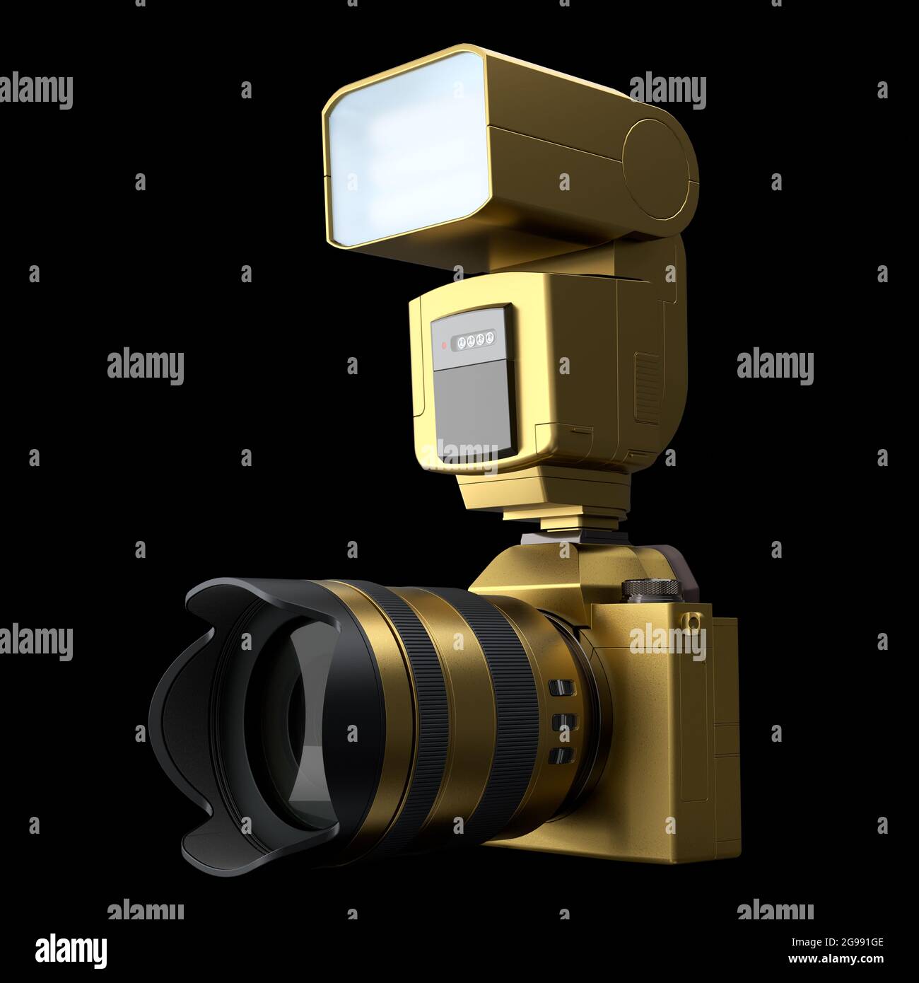 Concetto di oro inesistente DSLR fotocamera con obiettivo e flash esterno speedlight isolato su sfondo nero. Rendering 3D di fotografia professionale Foto Stock