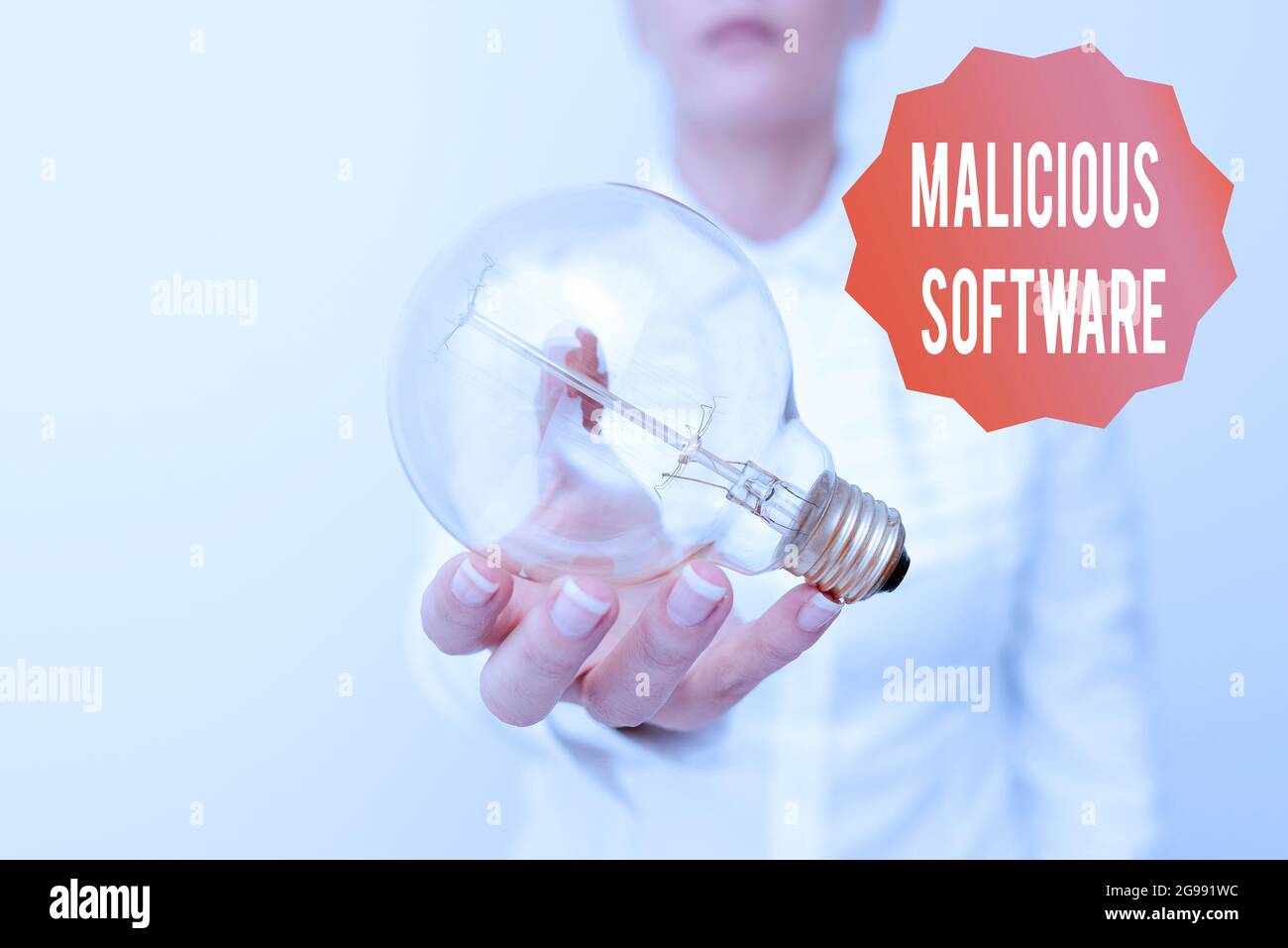 Software dannoso per la visualizzazione concettuale. Concetto che significa il software che porta danni a un sistema di computer Lady in business outfit lampada di tenuta Foto Stock