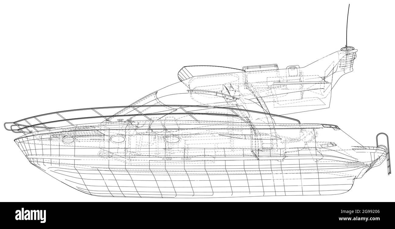 Sport Yacht su sfondo bianco. Illustrazione tecnica telaio a filo. Rendering vettoriale di 3d Illustrazione Vettoriale