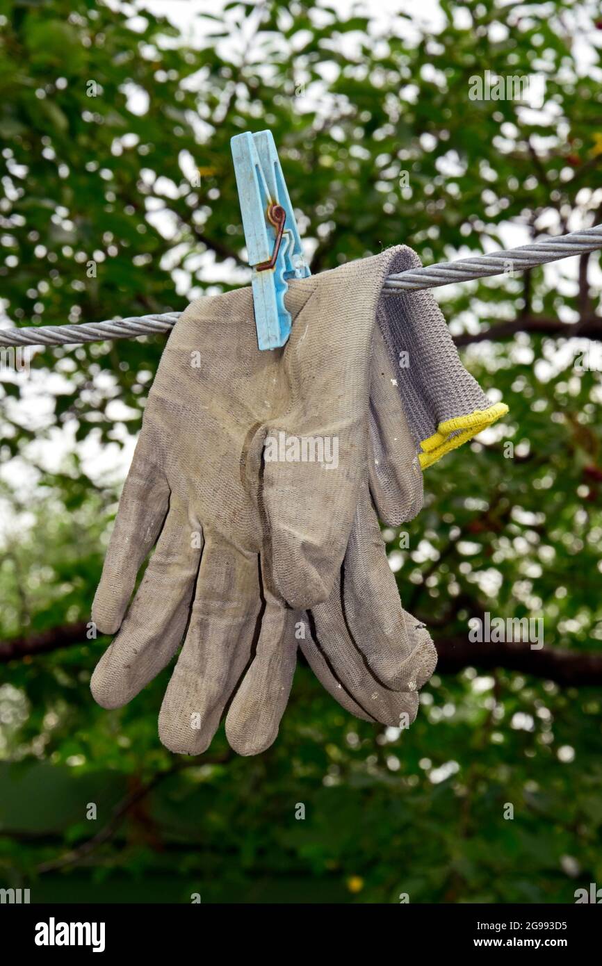 Un paio di guanti da lavoro in poliestere, grigi, usati, imperniati su una  fune in acciaio intrecciato da un piolo di plastica blu, vista closeup con  sfondo verde fogliame Foto stock -