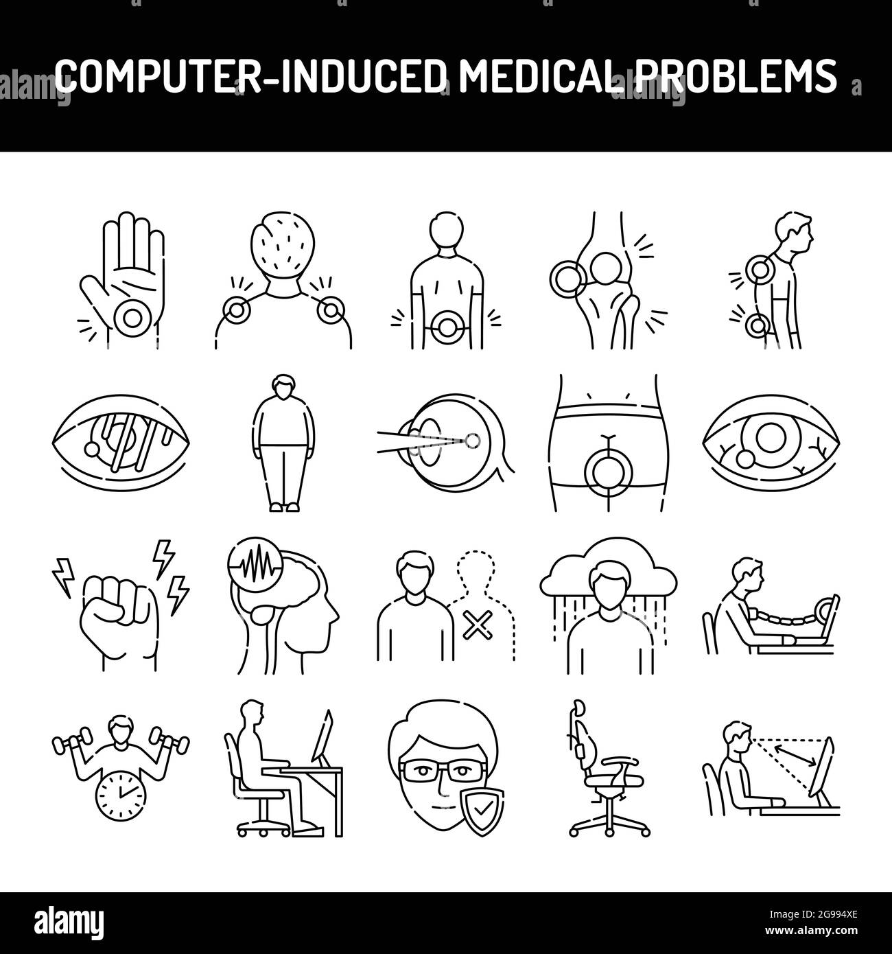 Set di icone di riga per problemi medici indotti dal computer. Elemento vettoriale isolato. Pittogrammi di contorno per pagina web, app mobile, promo. Tratto modificabile. Illustrazione Vettoriale