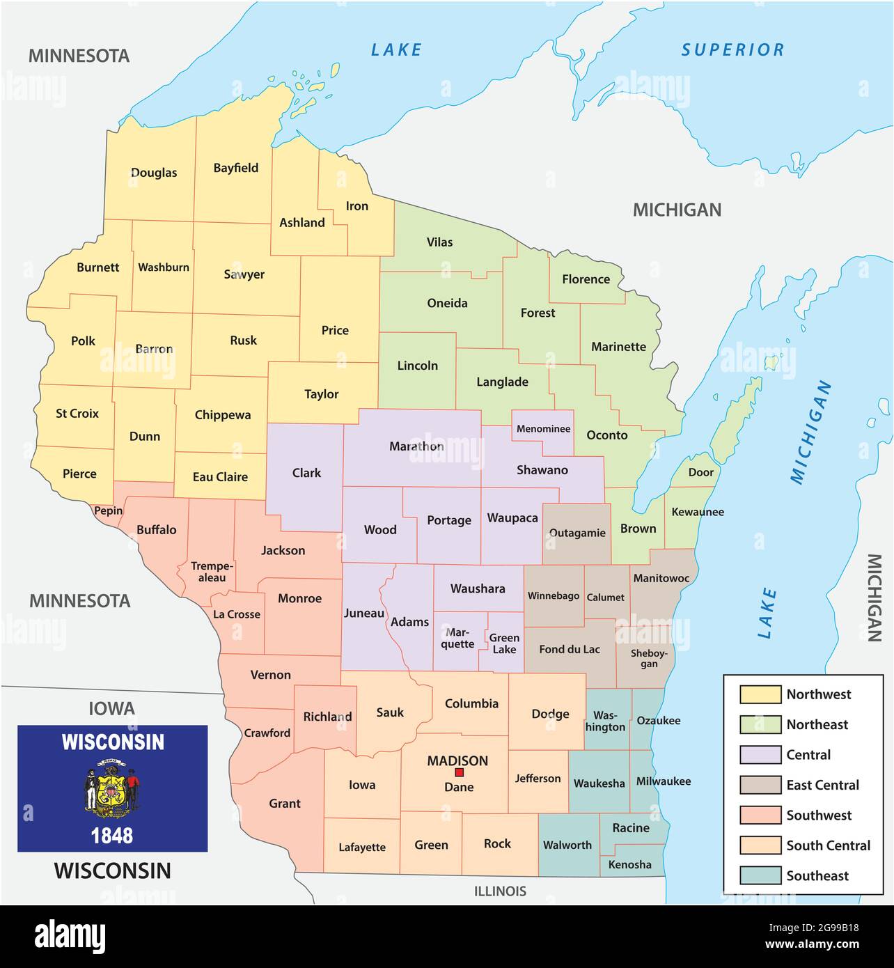 Mappa vettoriale delle regioni dello stato USA del Wisconsin con bandiera Illustrazione Vettoriale