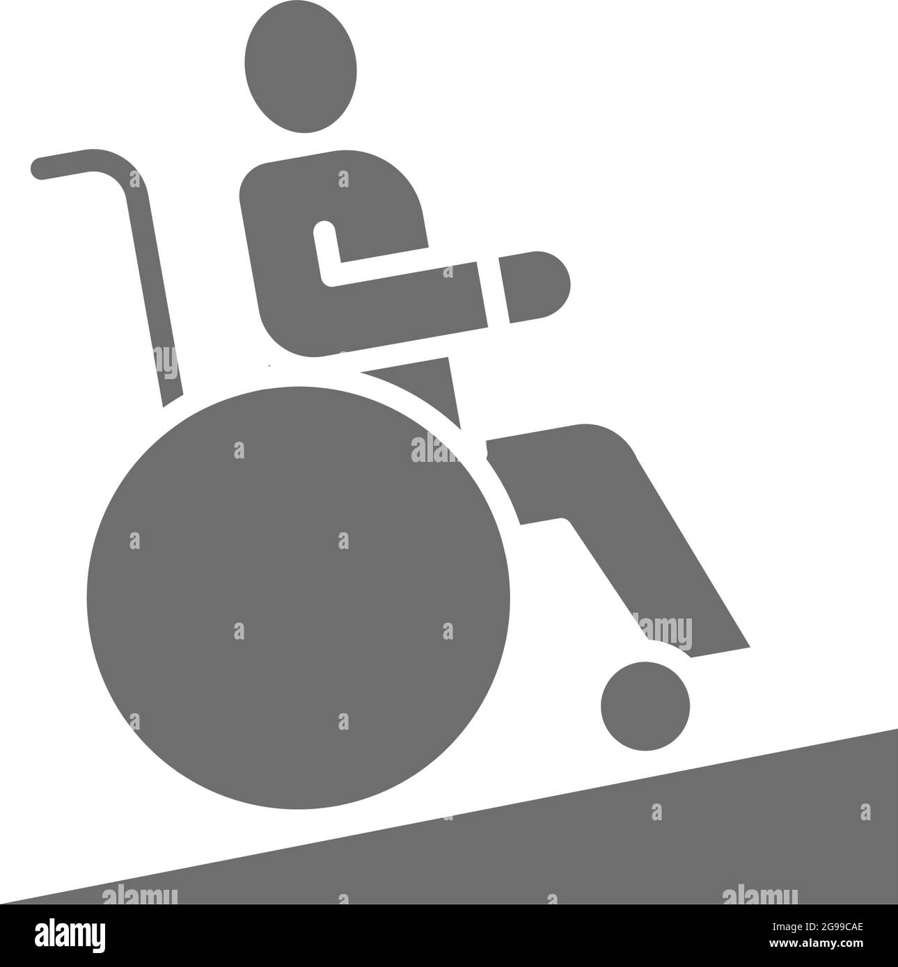 Uomo in sedia a rotelle, rampa per sedia a rotelle, persone con problemi di mobilità icona grigia. Illustrazione Vettoriale