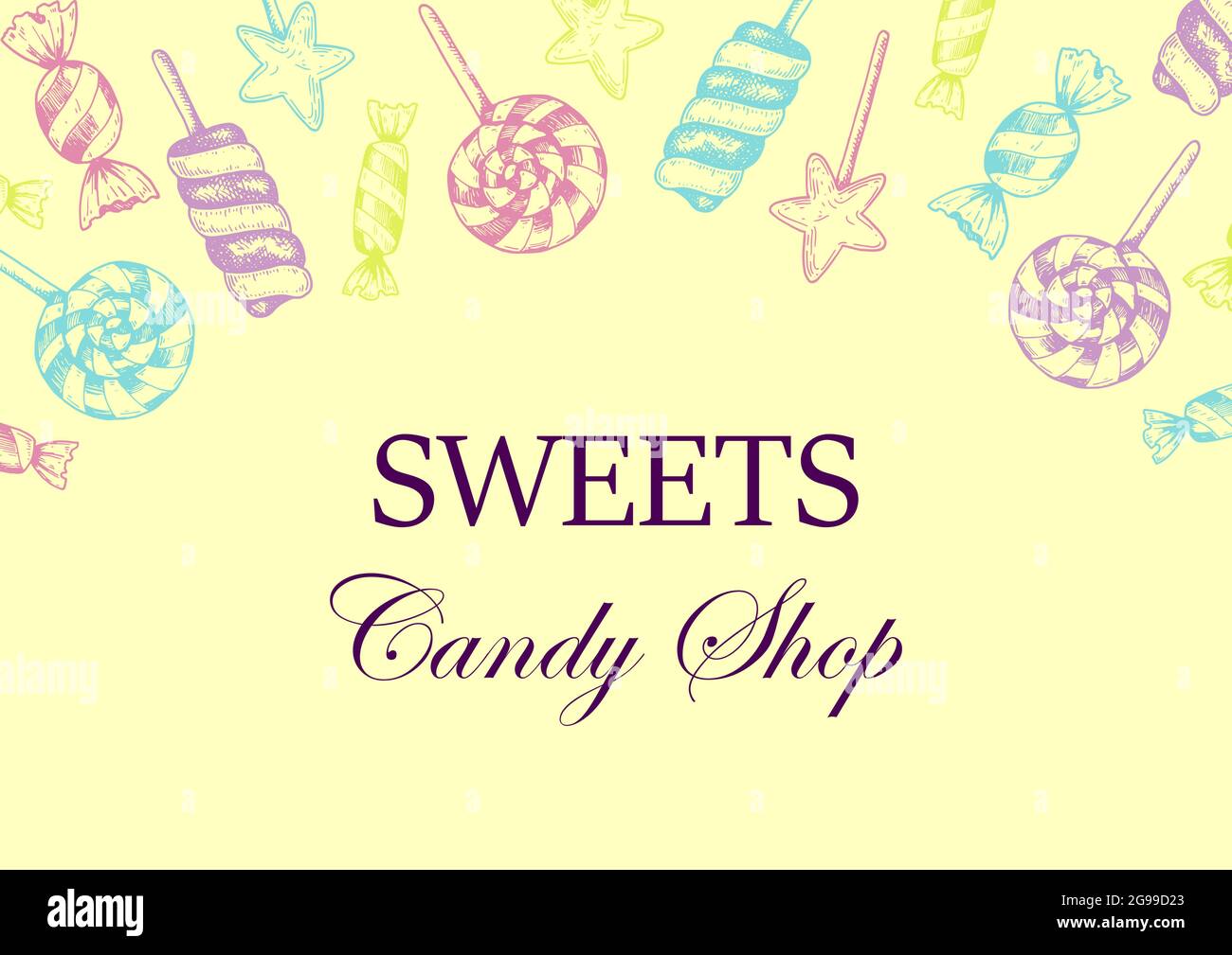 Design orizzontale di Candy Shop disegnato a mano. Illustrazione vettoriale nello stile di schizzo. Modello per social media, biglietti, etichette, volantini Illustrazione Vettoriale