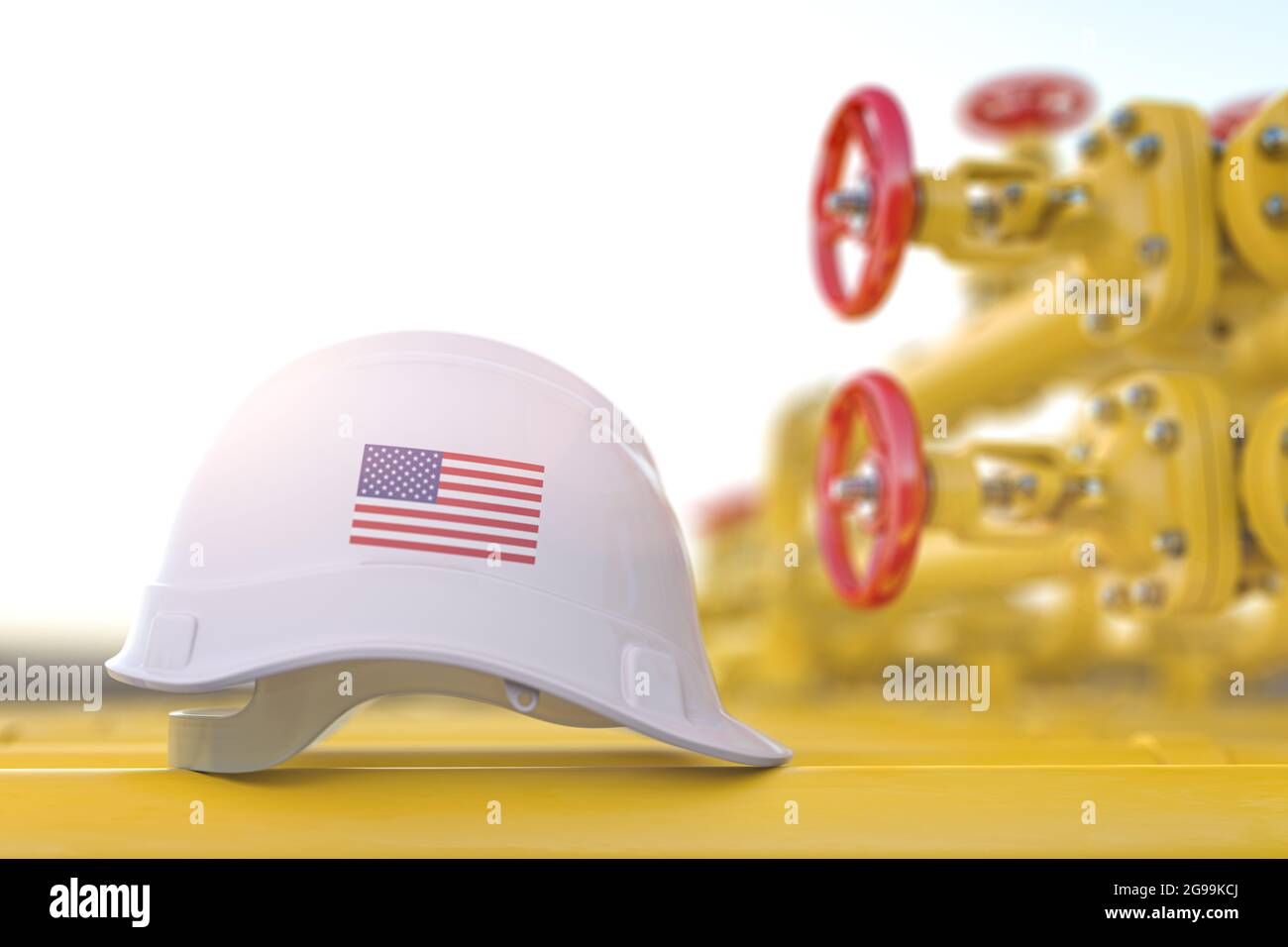 Industria del petrolio e del gas degli Stati Uniti. Bandiera degli Stati Uniti su un elmetto con valvole a gas. illustrazione 3d Foto Stock
