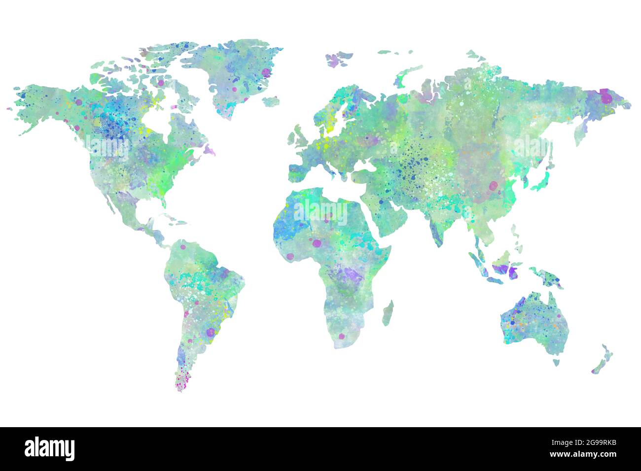 Poster delle mappe del mondo acquerello, decorazioni da viaggio con opere d'arte da parete con stampa di schizzi e spruzzi Foto Stock