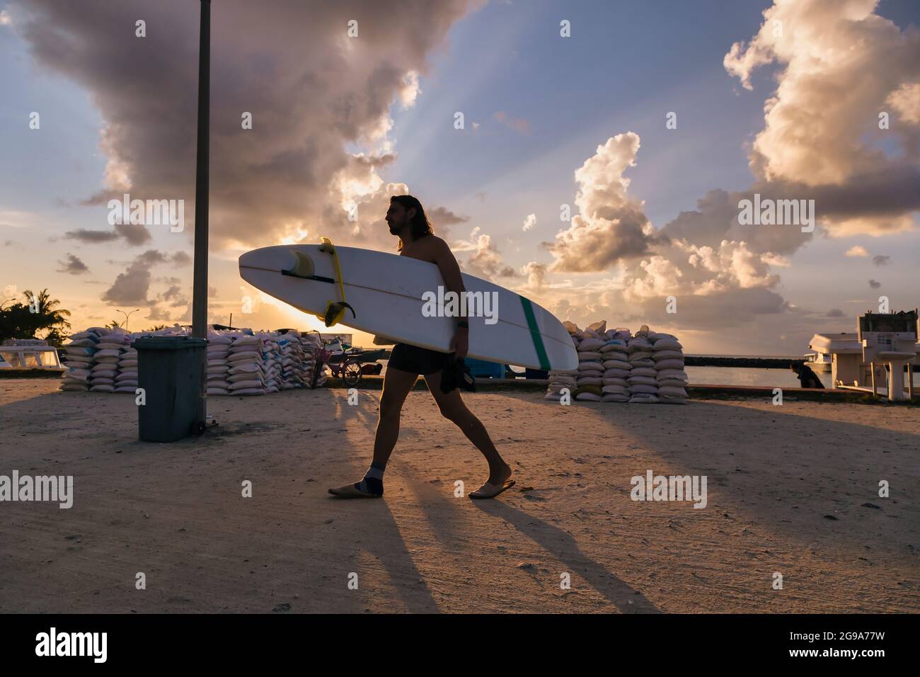 Surfisti sulla costa dell'oceano al tramonto Foto Stock
