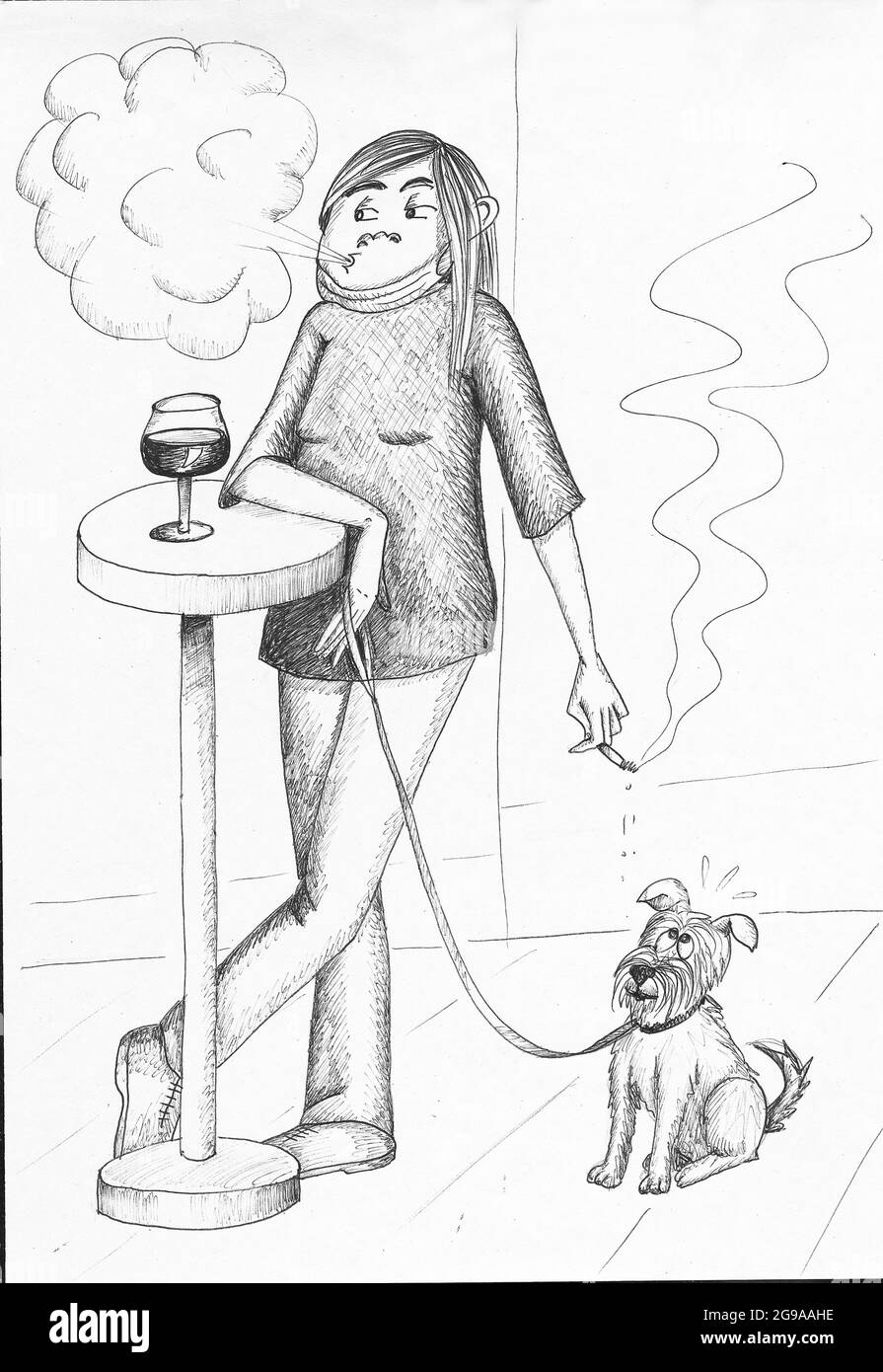 Fumatore che beve vino con il suo cane. Illustrazione. Foto Stock
