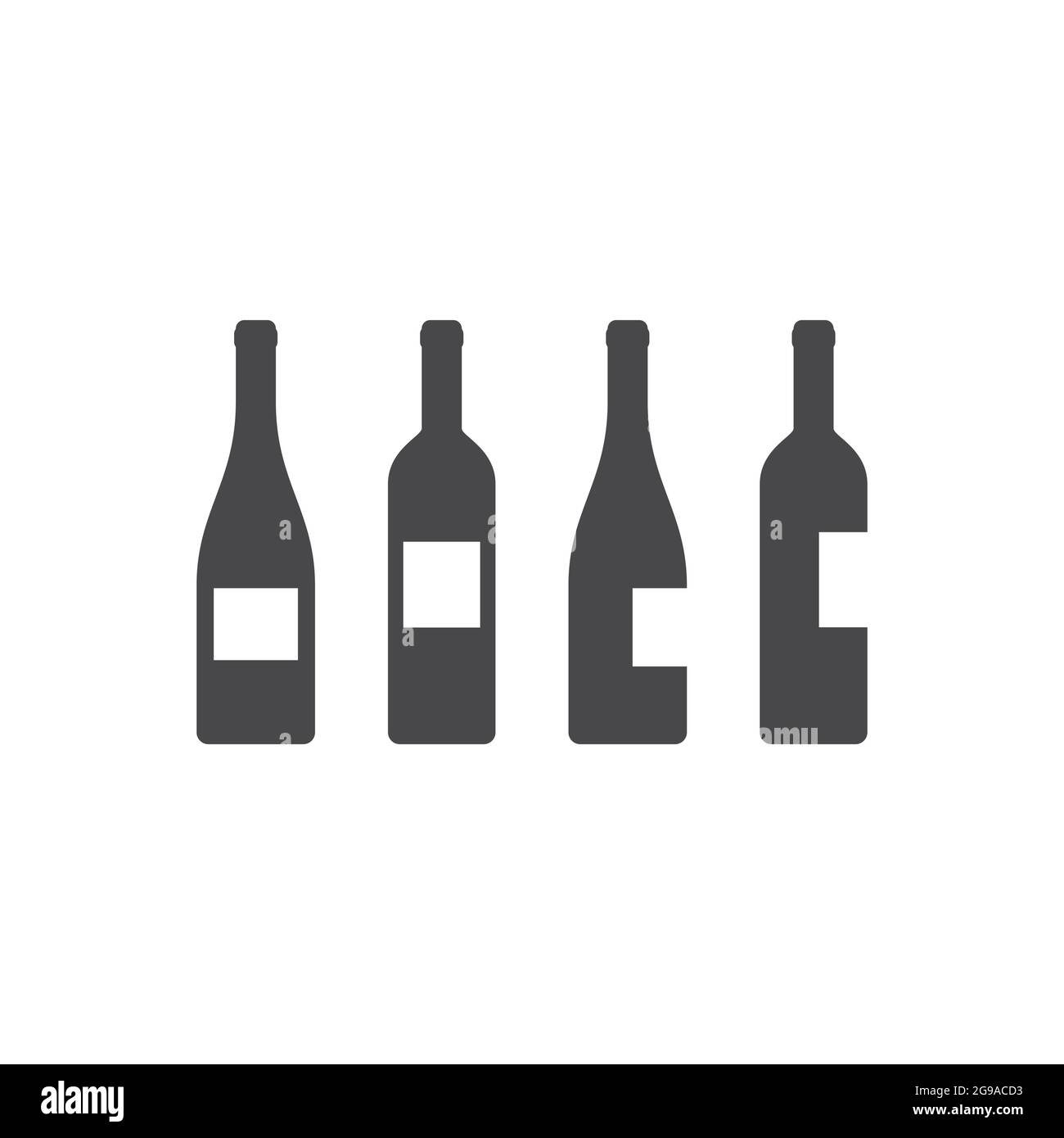 Bottiglia di vino con set di icone vettoriali nere con etichetta. Simboli dei flaconi. Illustrazione Vettoriale