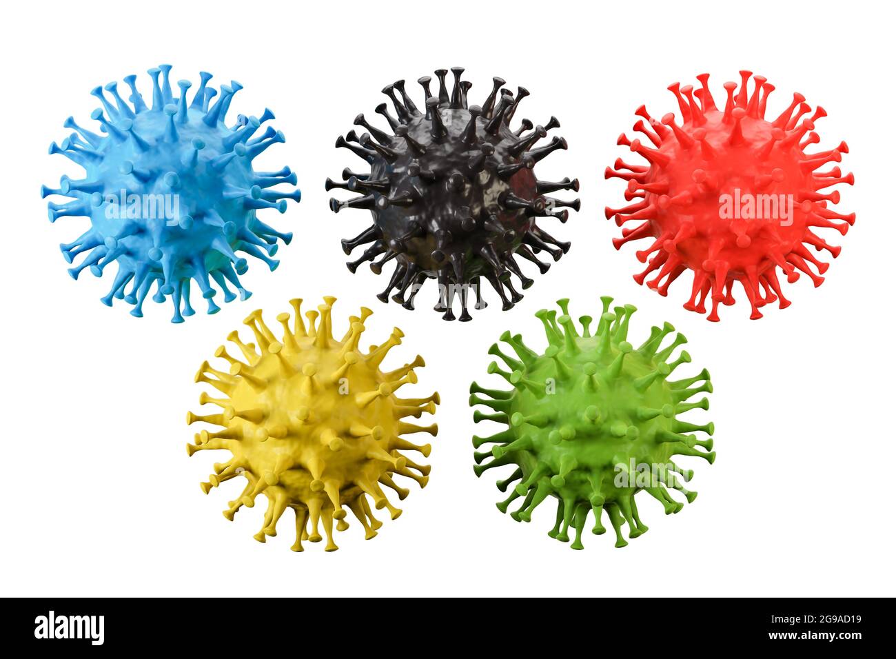 Giochi estivi in tempi di corona Concept - cinque modelli di corona virus nei colori dei giochi estivi anelli isolati su bianco puro Foto Stock