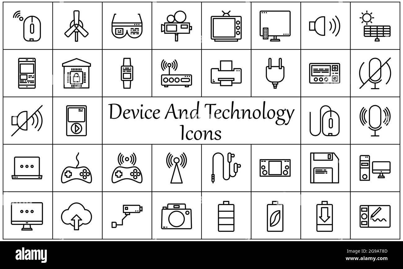 Le icone del dispositivo e della tecnologia consentono di impostare un'immagine vettoriale piatta Illustrazione Vettoriale