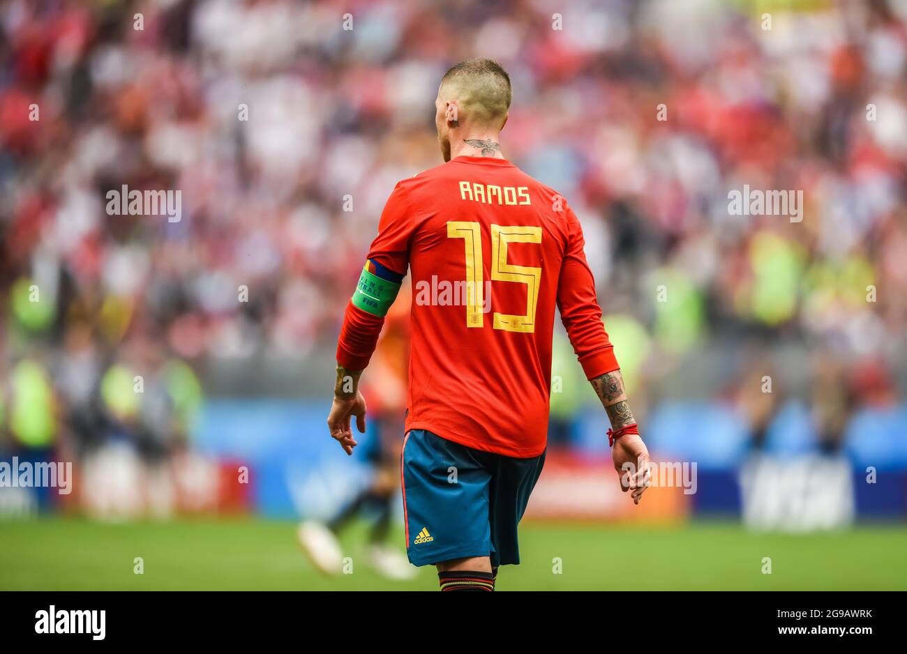 Mosca, Russia – 1 luglio 2018. Spagna squadra nazionale di calcio centro-indietro Sergio Ramos durante la Coppa del mondo FIFA 2018 turno di 16 partita Spagna vs Russia. Vie Foto Stock