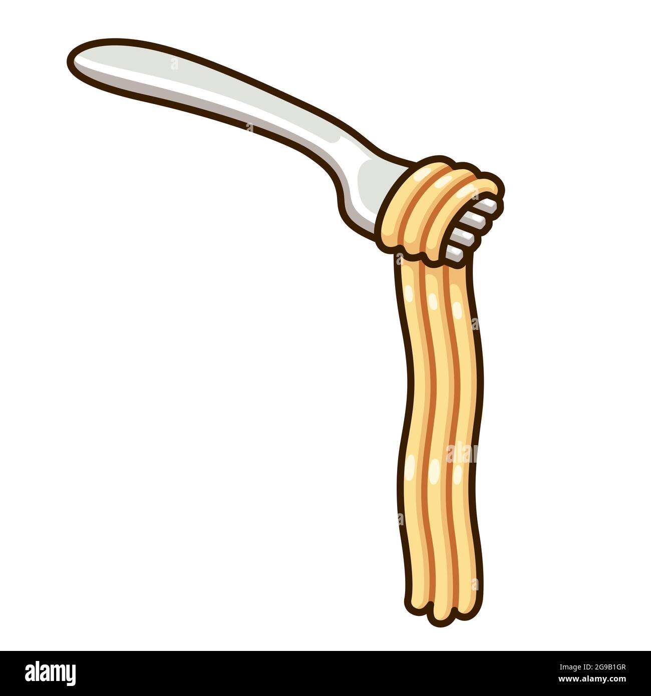 Disegno cartoon di spaghetti sulla forcella. Impiccagione di pasta lunga. Immagine vettoriale clip art. Illustrazione Vettoriale