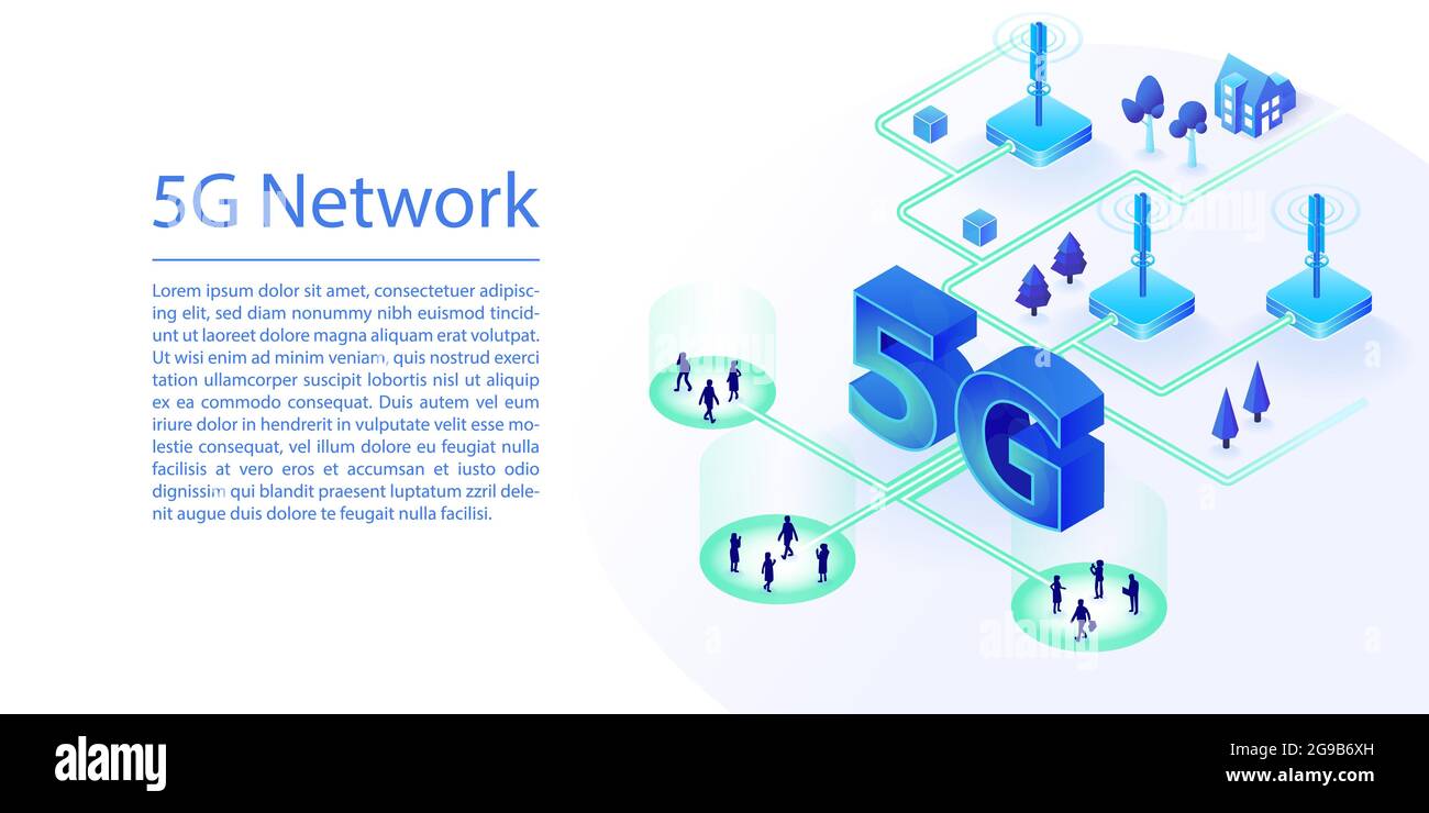 Banner Web di rete 5G per l'industria delle telecomunicazioni. Illustrazione vettoriale isometrica 3d della telefonia e delle antenne 5G. Illustrazione Vettoriale