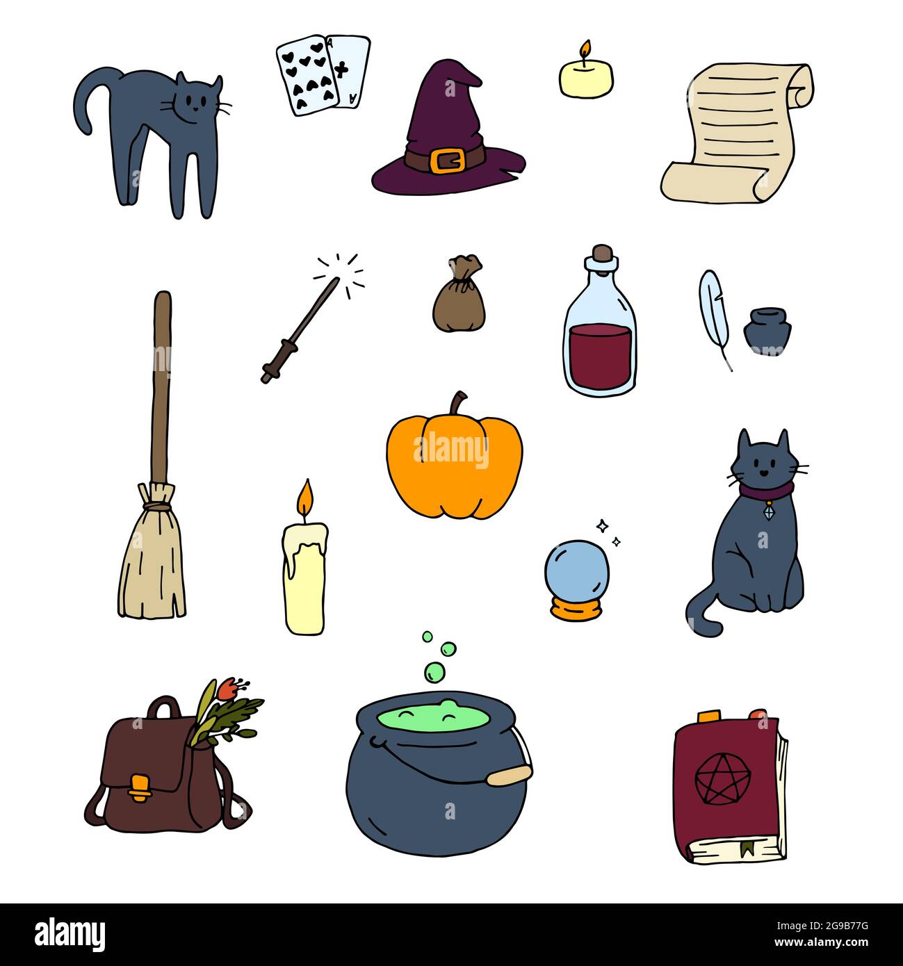 Set di illustrazioni vettoriali a colori Halloween. Collezione di magia in stile doodle. Simboli di misticismo, narrazione di fortuna, roba di strega. Illustrazione Vettoriale