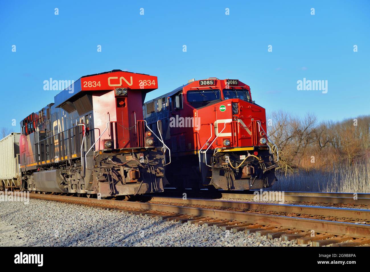 Hoffman Estates, Illinois, Stati Uniti. Un treno merci ferroviario nazionale canadese, a destra, che tiene su un lato che è passato da un altro treno merci. Foto Stock
