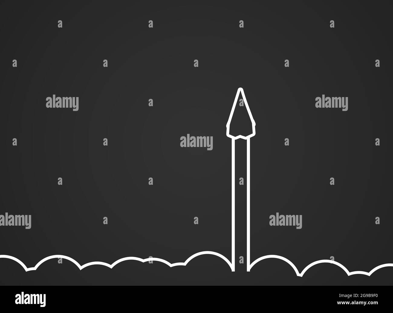 Lancio del concetto di idee aziendali di avvio razzo. Lancia le tue idee, il tuo sito web o business plan illustrazione concettuale. Piano e nuvole su grigio scuro Foto Stock
