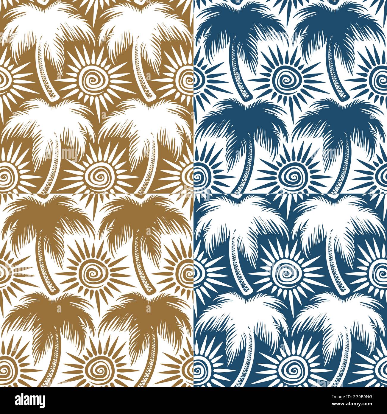 Insieme di motivi vettoriali senza giunture con palme e sole. Illustrazione Vettoriale