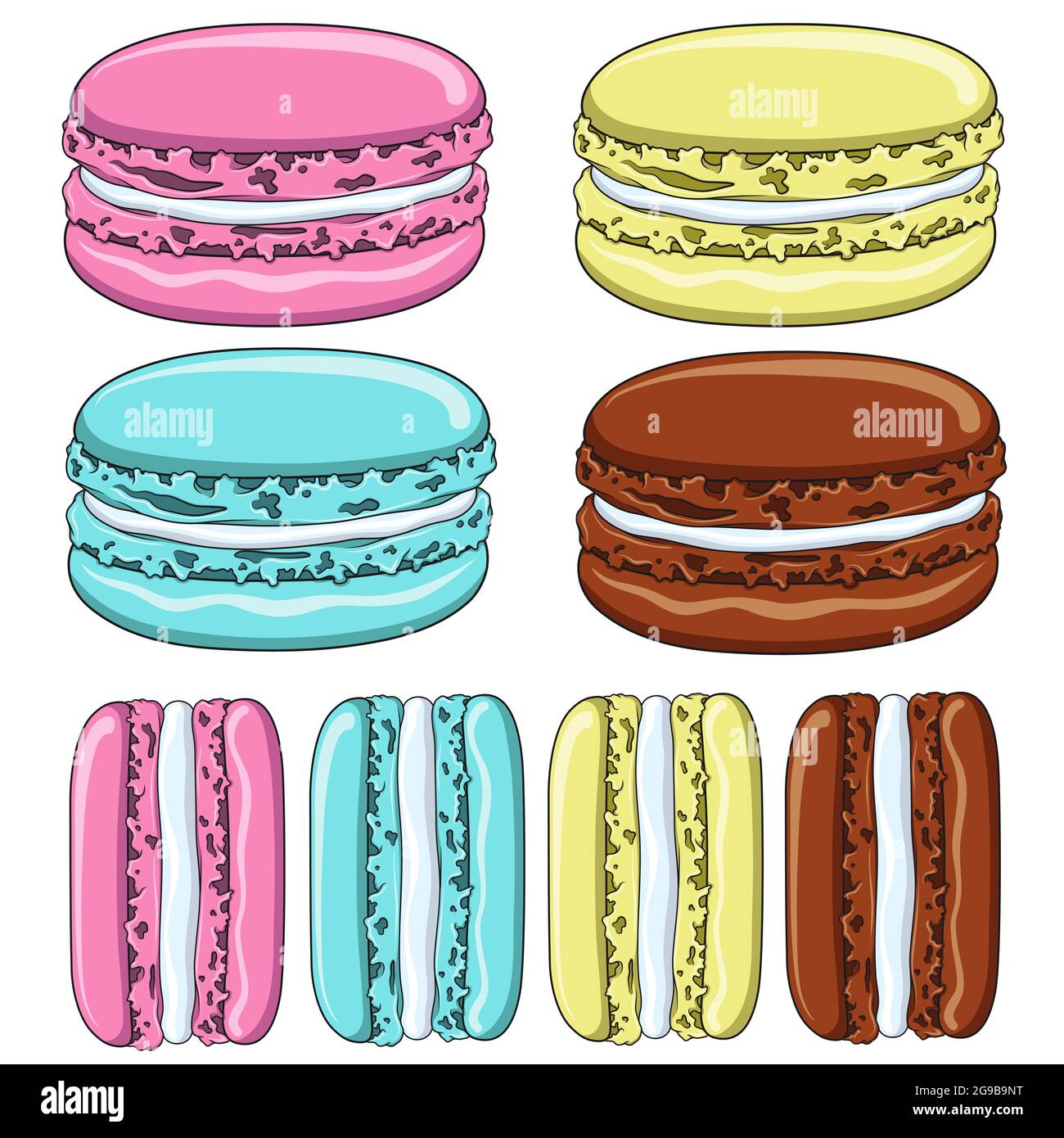 Set di colorati biscotti alla amarina francese. Oggetti isolati su sfondo bianco. Illustrazione Vettoriale